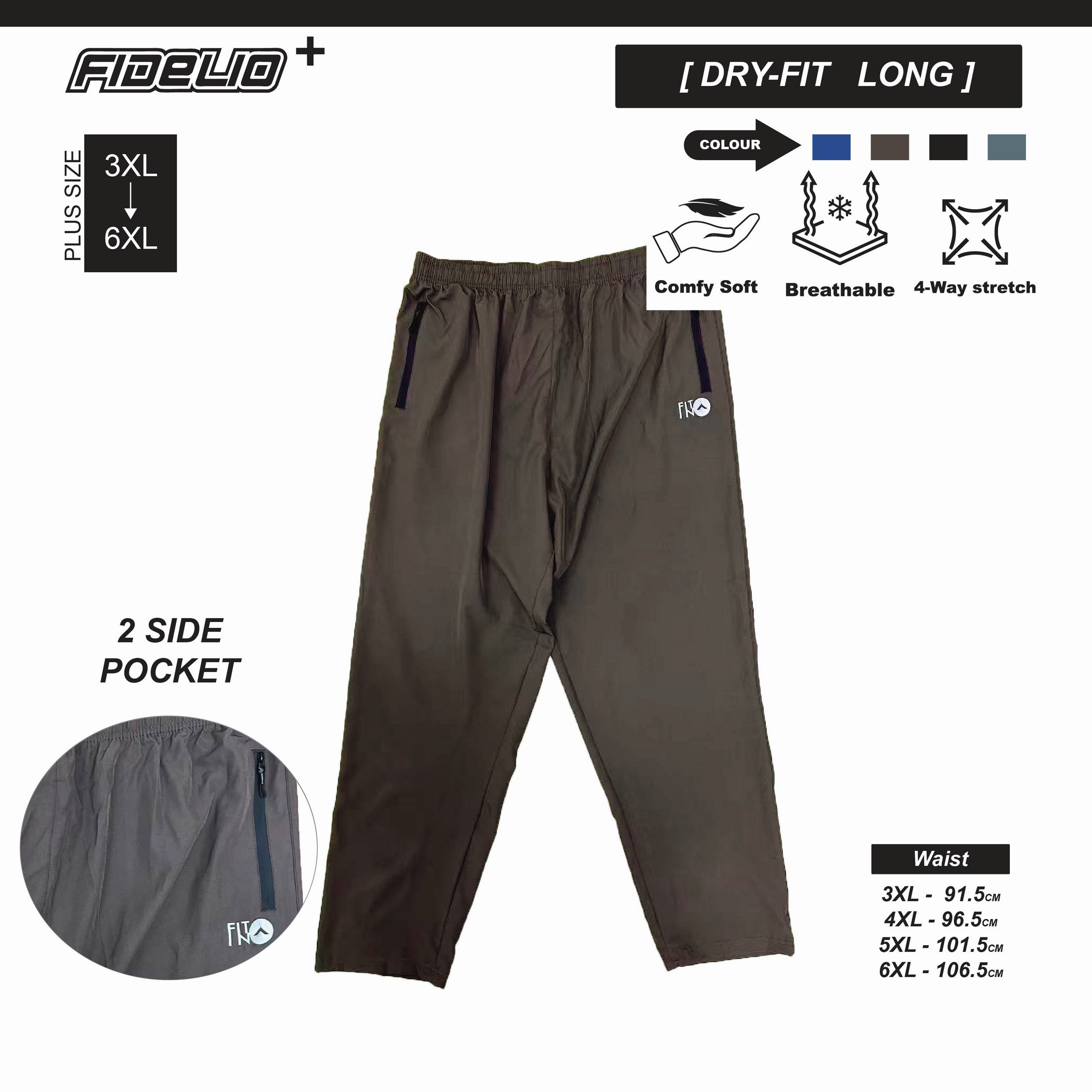 FIT IN Plus Size Zip Pocket Sweat Pants -Brown