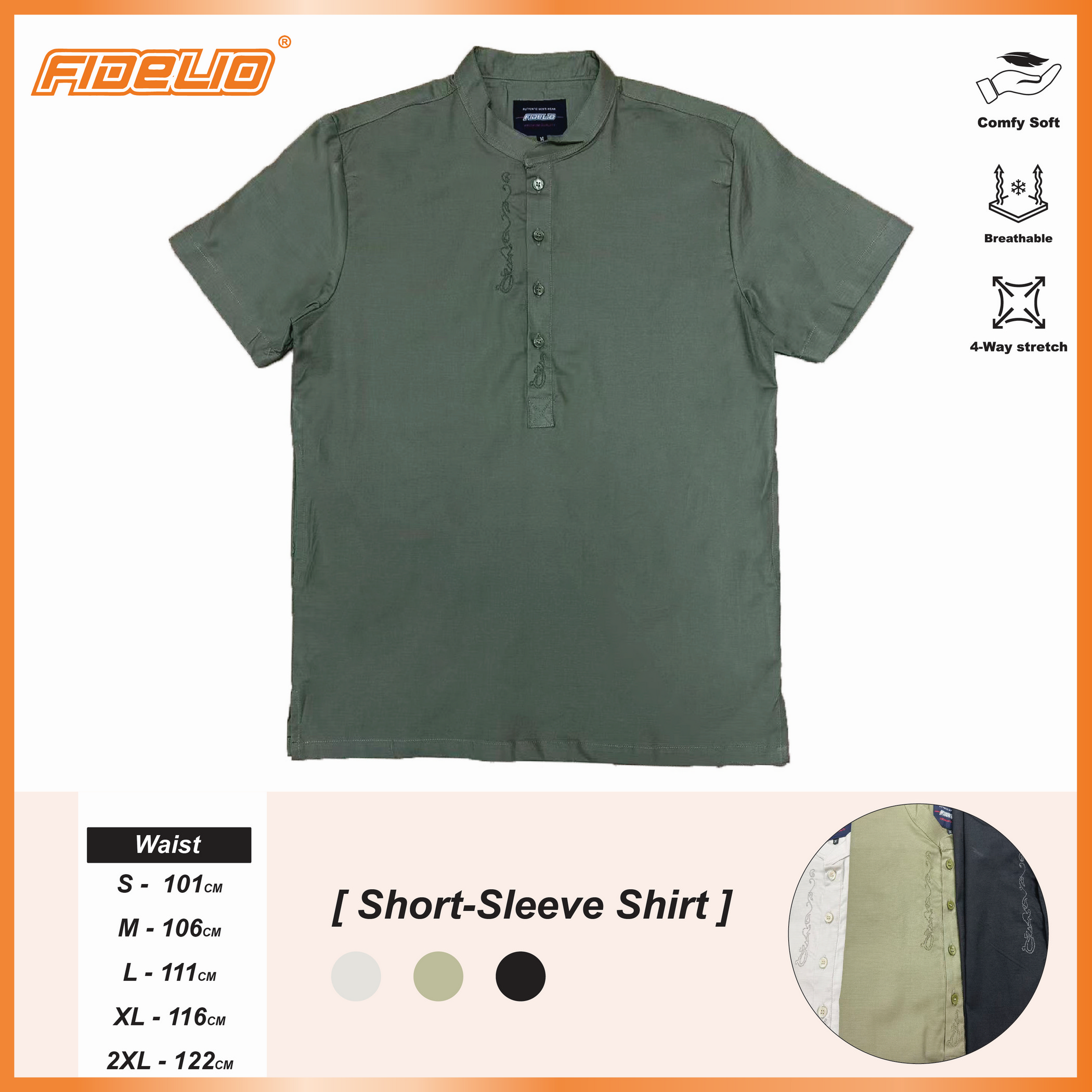 Fidelio Embroidery Mandarin Collar Shirts -Dusty Green
