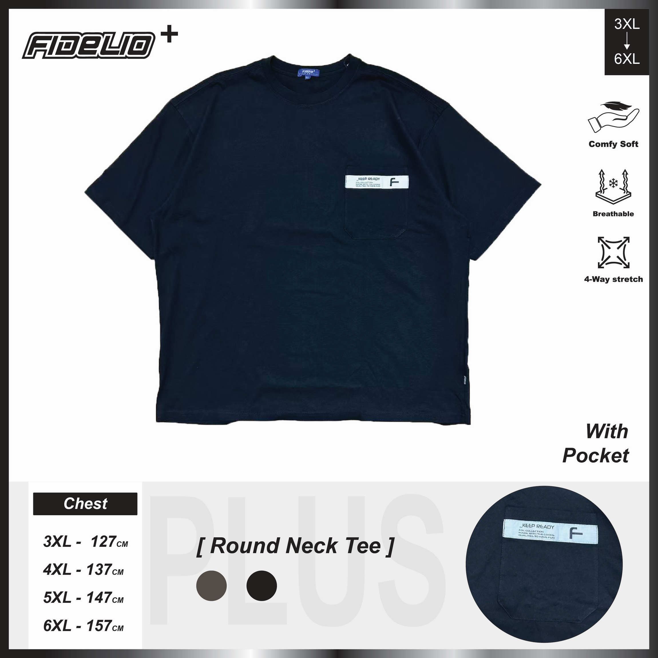 Fidelio Plus Size Keep Ready Pocketed Tees -Black