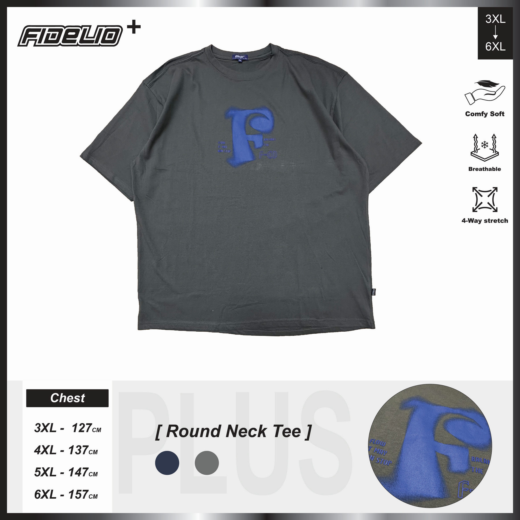 Fidelio Plus Size Artistic F Printed Tees -Grey