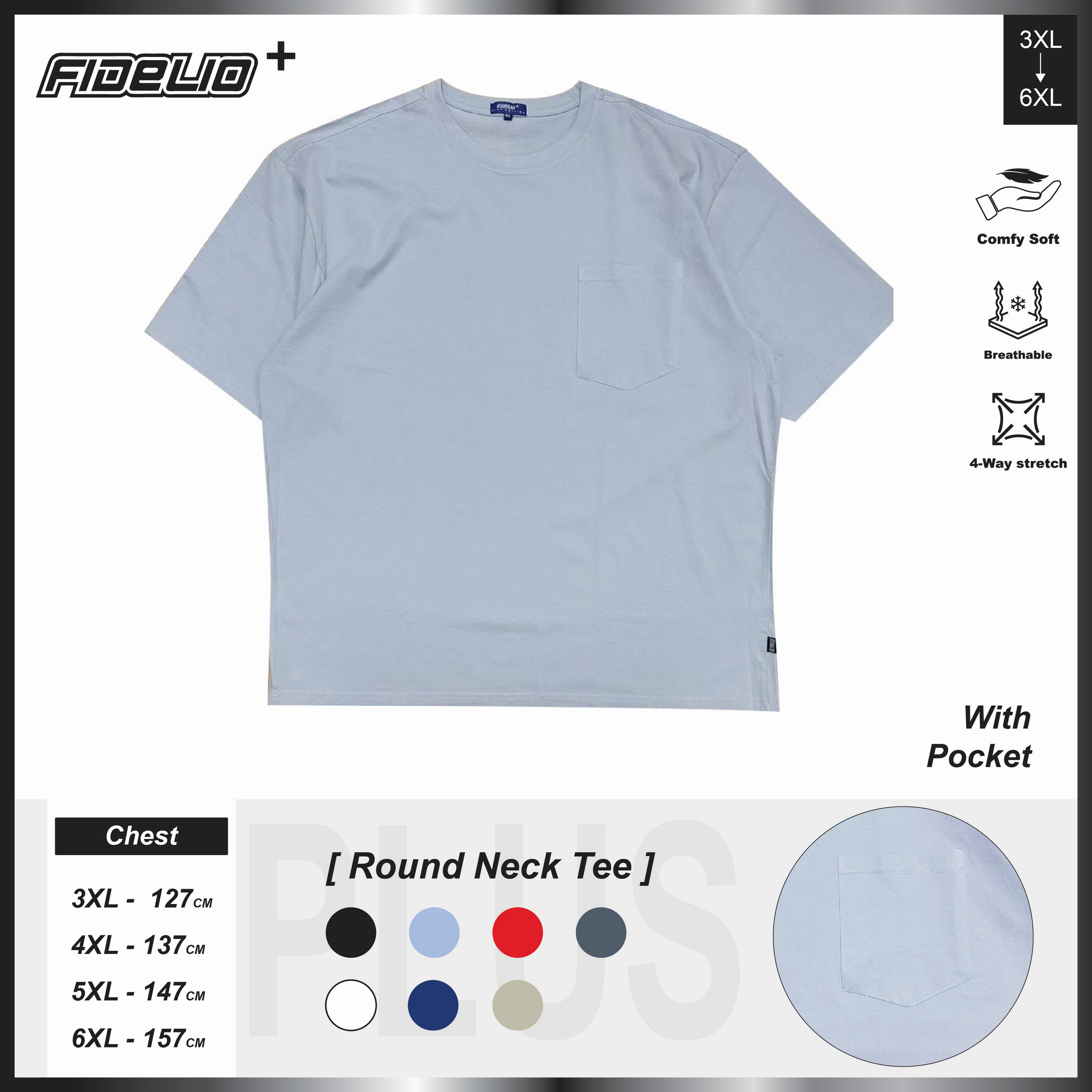 Fidelio Plus Size Signature Pocket Tees -Light Blue