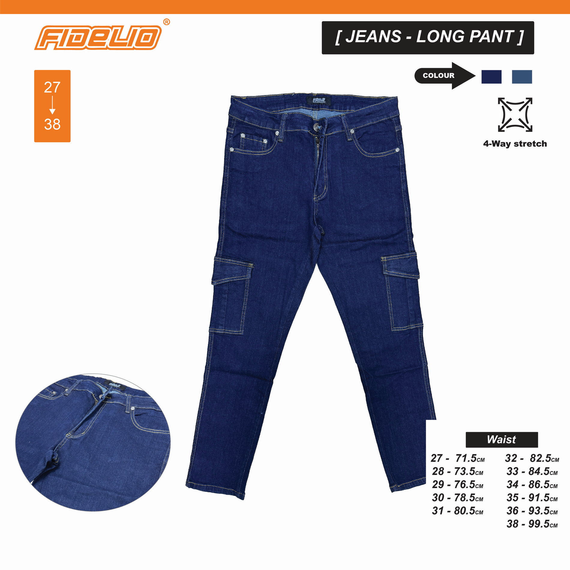 Fidelio Slim Fit Stretchable Utility Jeans - Navy