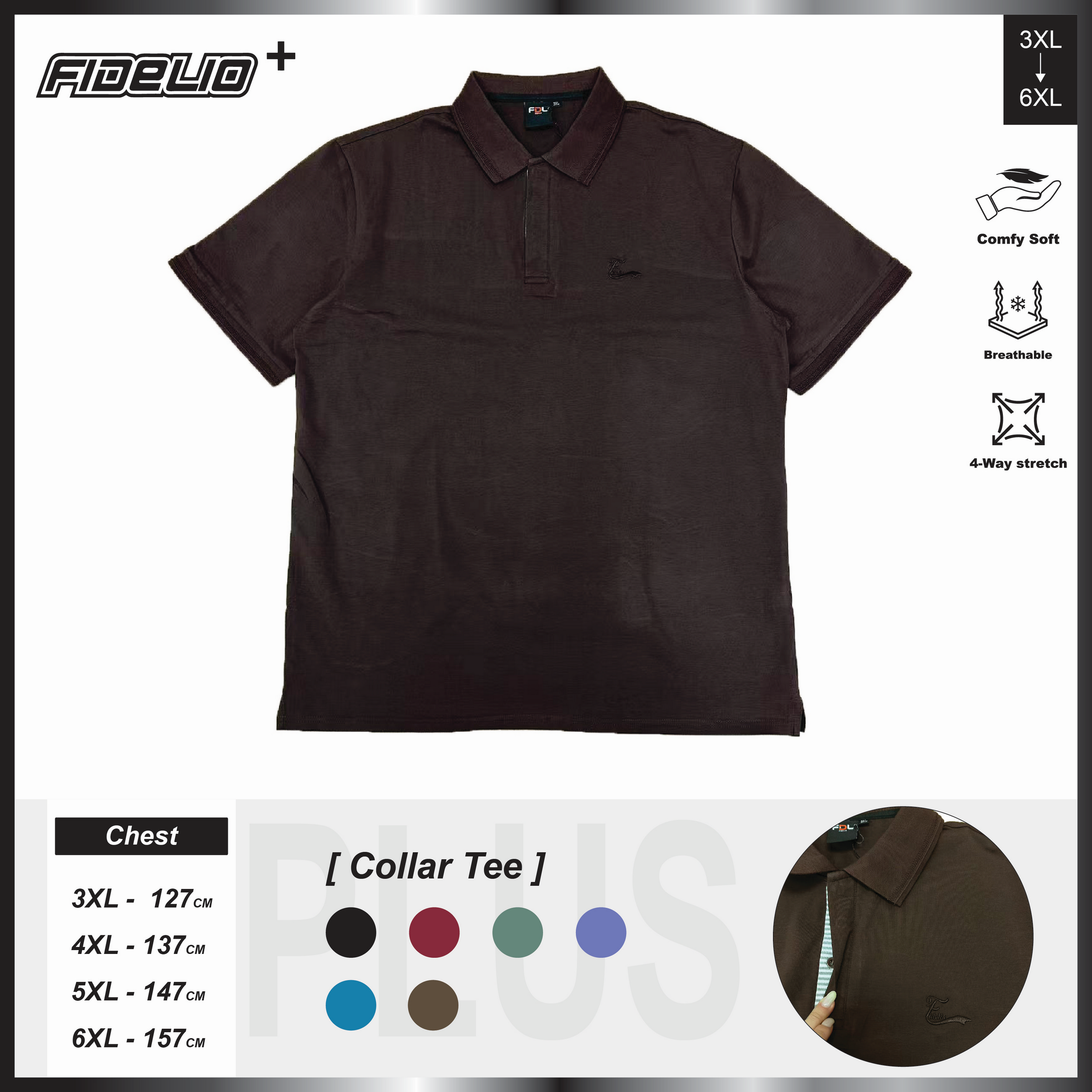 FDL Plus Size Embroidery Polo Tees -Brown