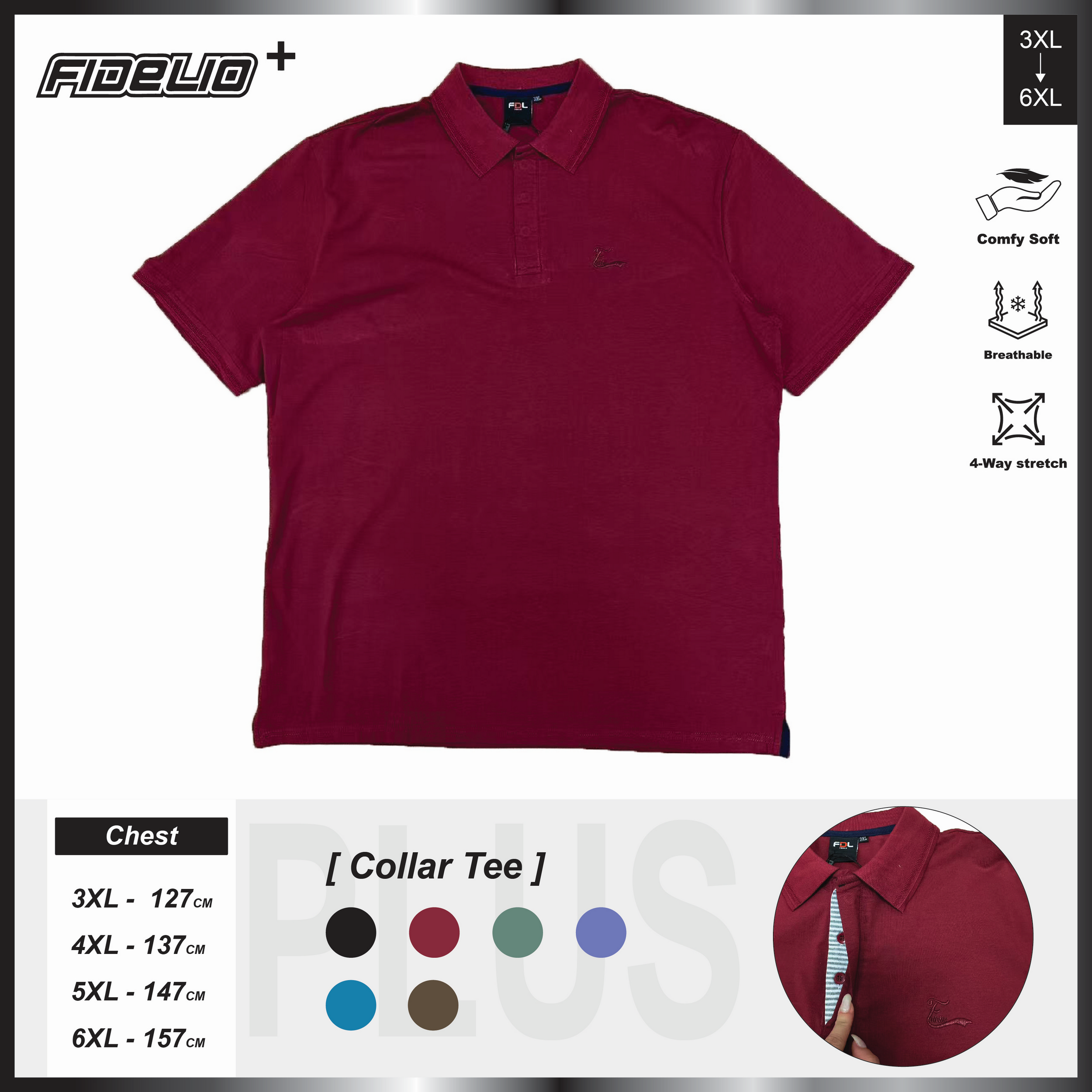 FDL Plus Size Embroidery Polo Tees -Maroon