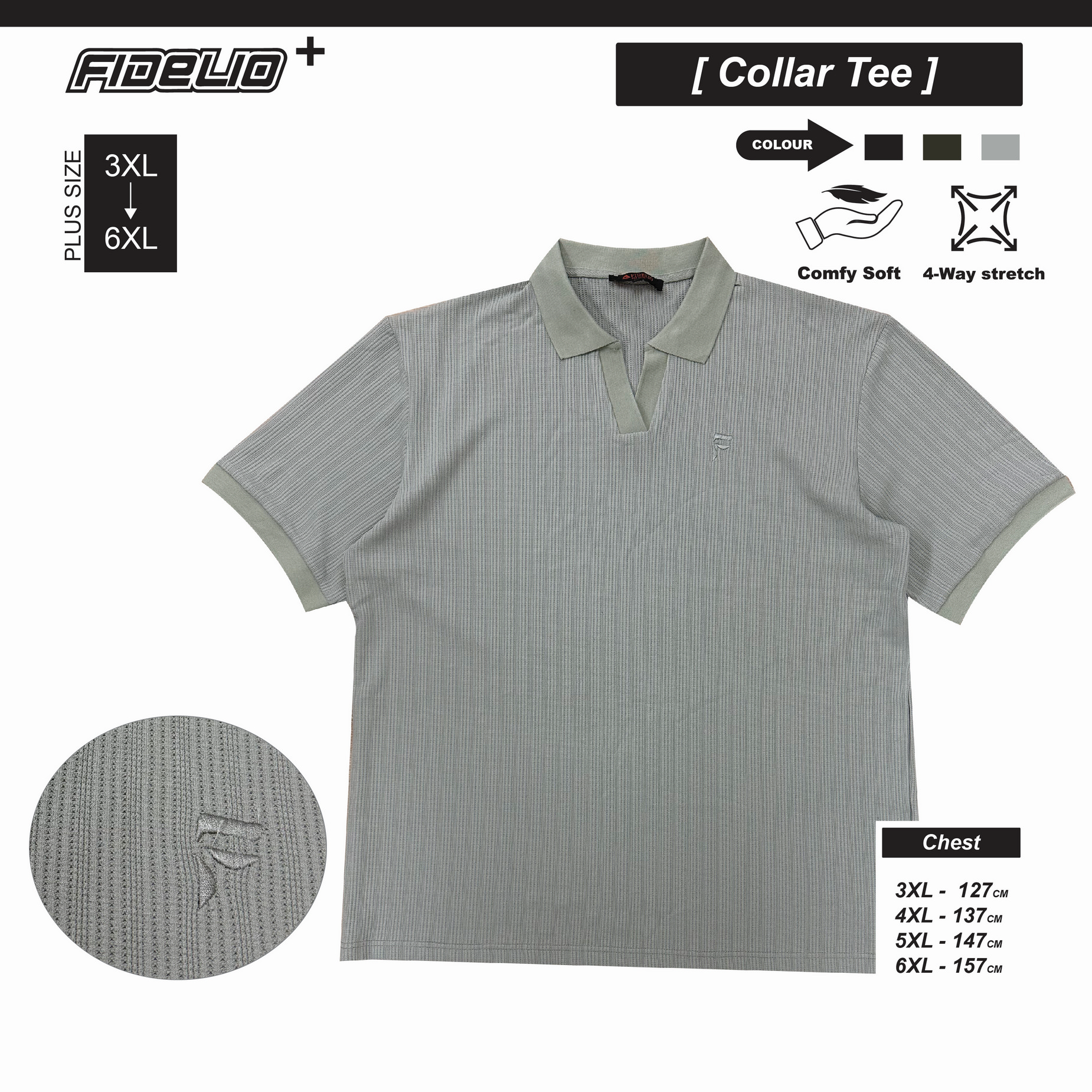 Fidelio Plus Size Textured V-Neck Polo Tees -Olive