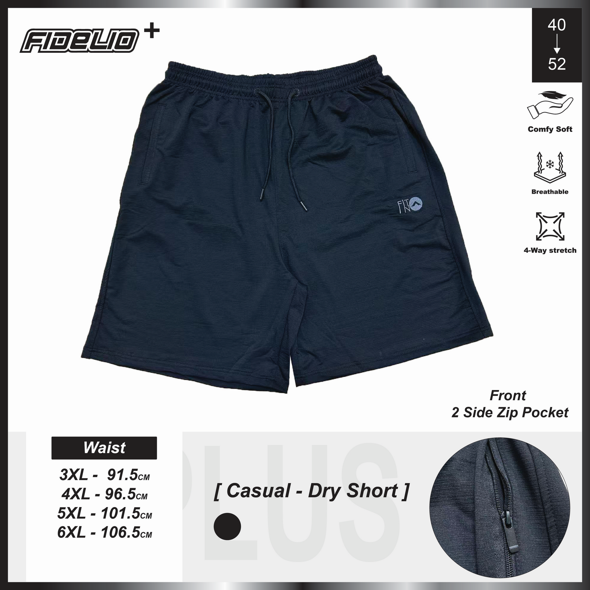 FIT IN Plus Size Zipper Active Shorts -Black