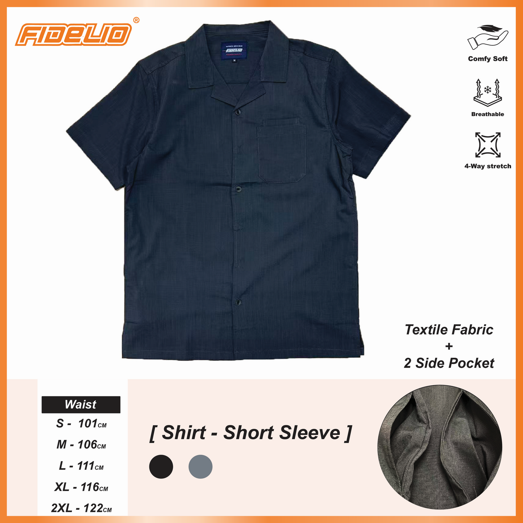 Fidelio Sleek Pocket Casual Short Sleeve Shirts -Black