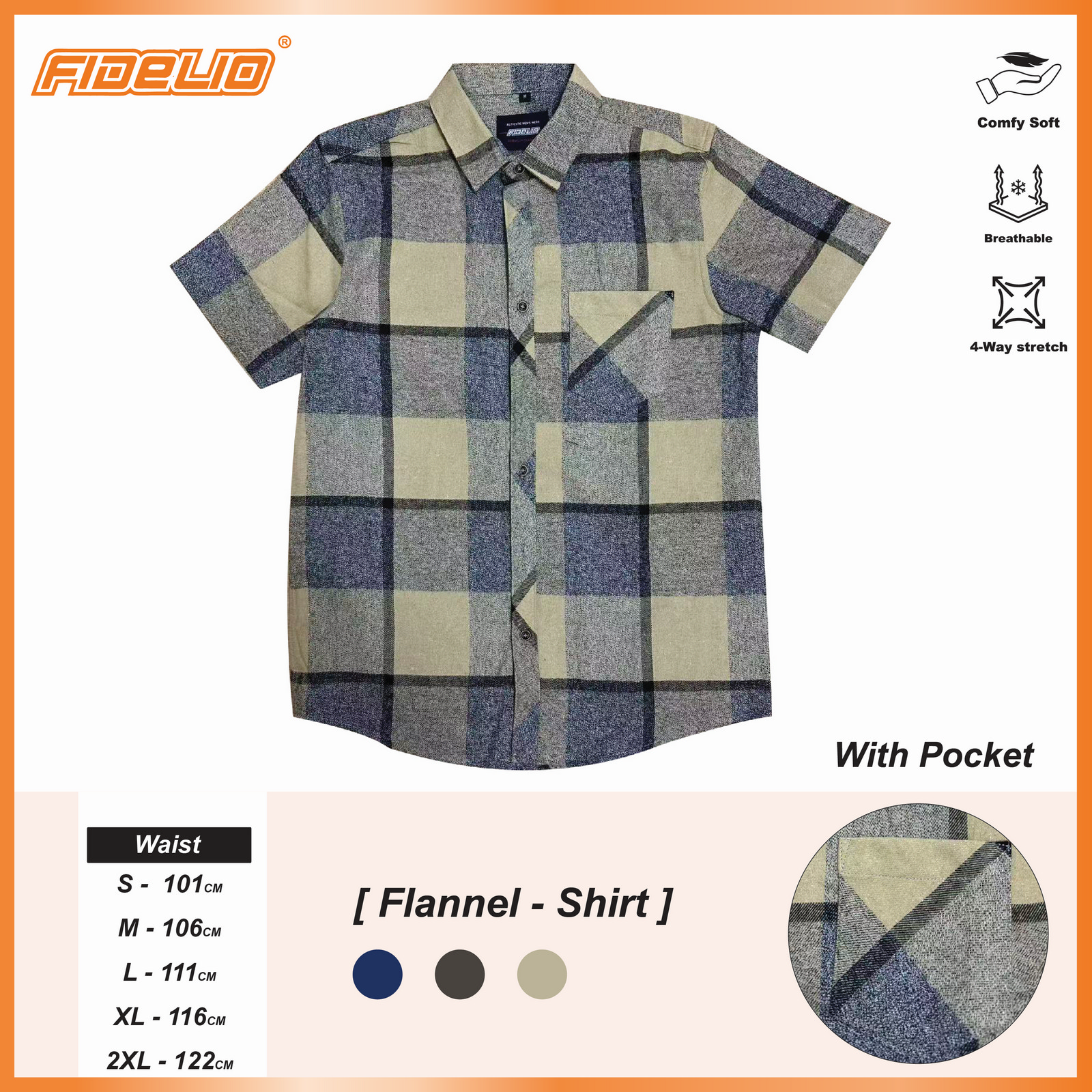 Fidelio Plaid Flannel Short Sleeve Shirts -Light Khaki/Grey/Black