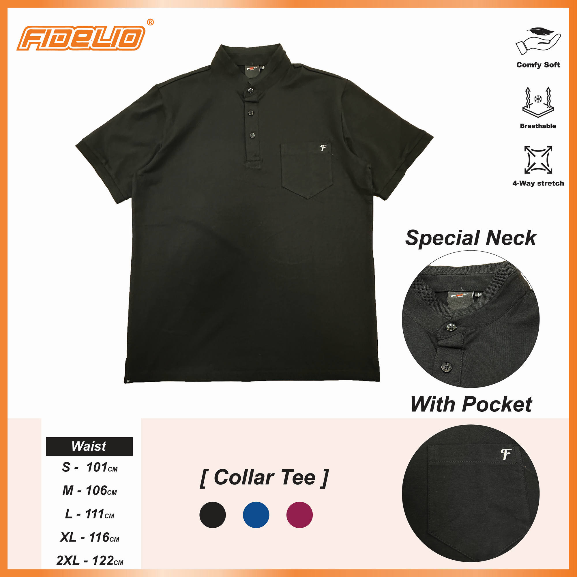 FDL Modern Mandarin Collar Polo Tees -Black