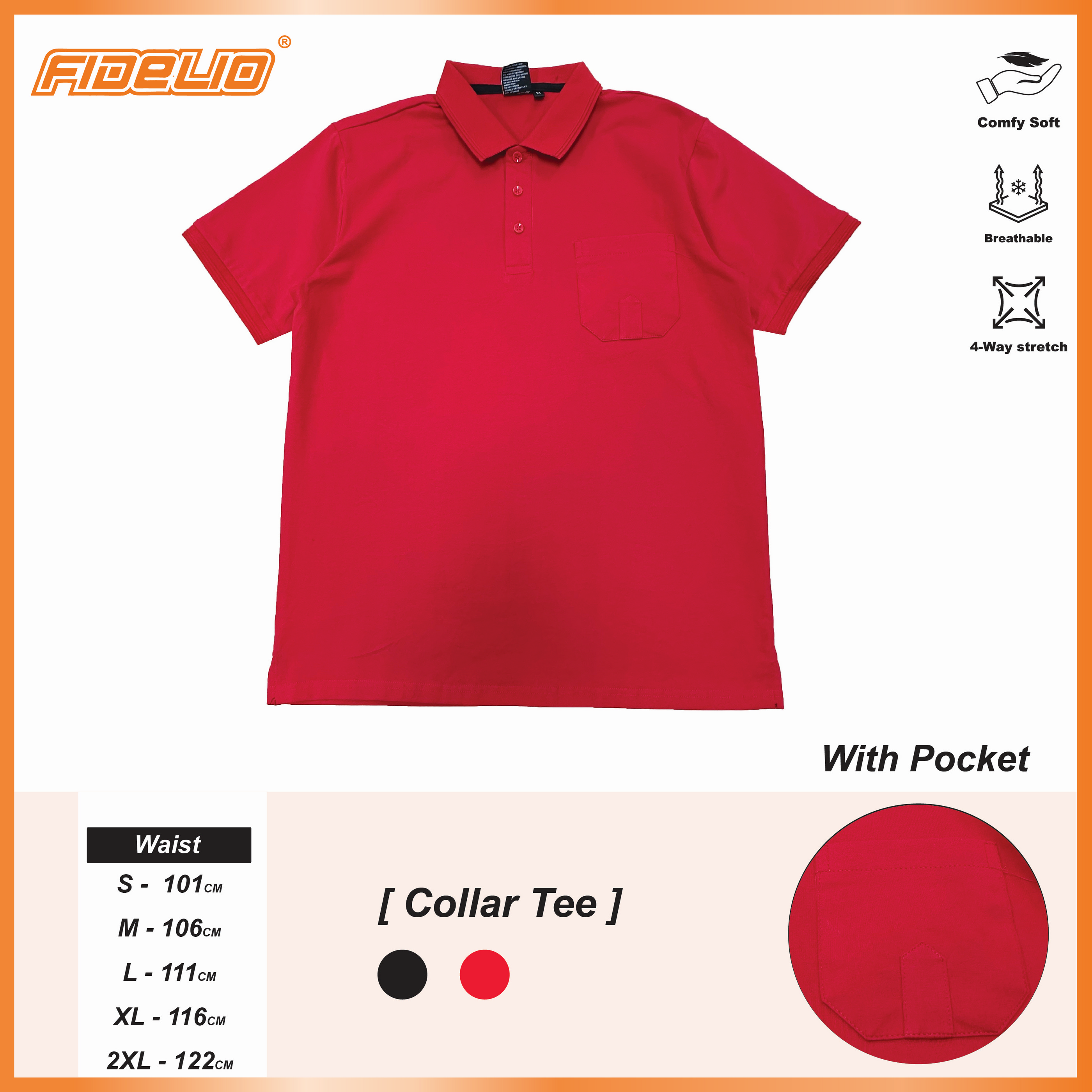 FDL Sleek Pocket Polo Tees -Red