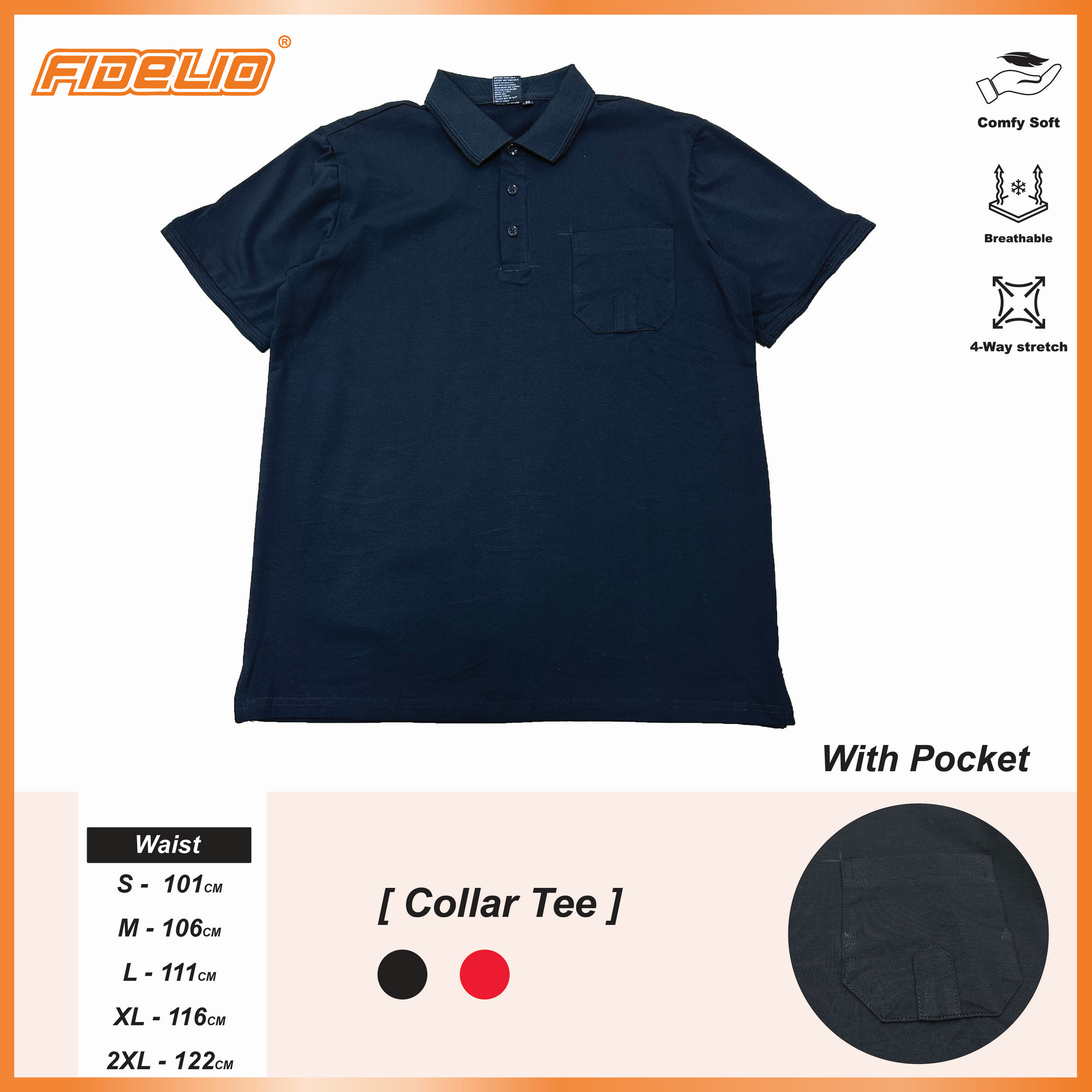 FDL Sleek Pocket Polo Tees -Black
