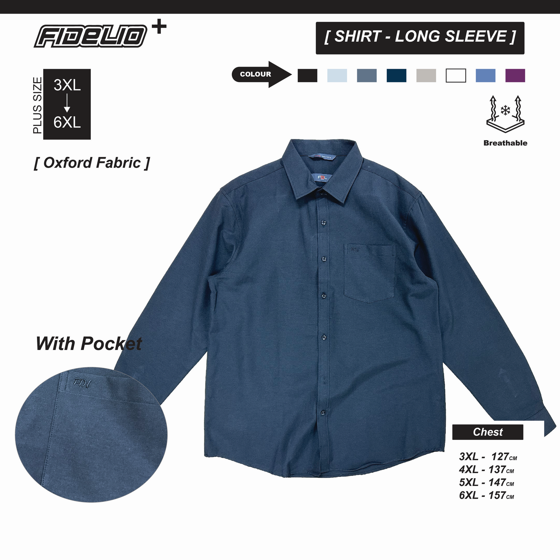 FDL Plus Size Oxford Business Long Sleeve Shirts - Black
