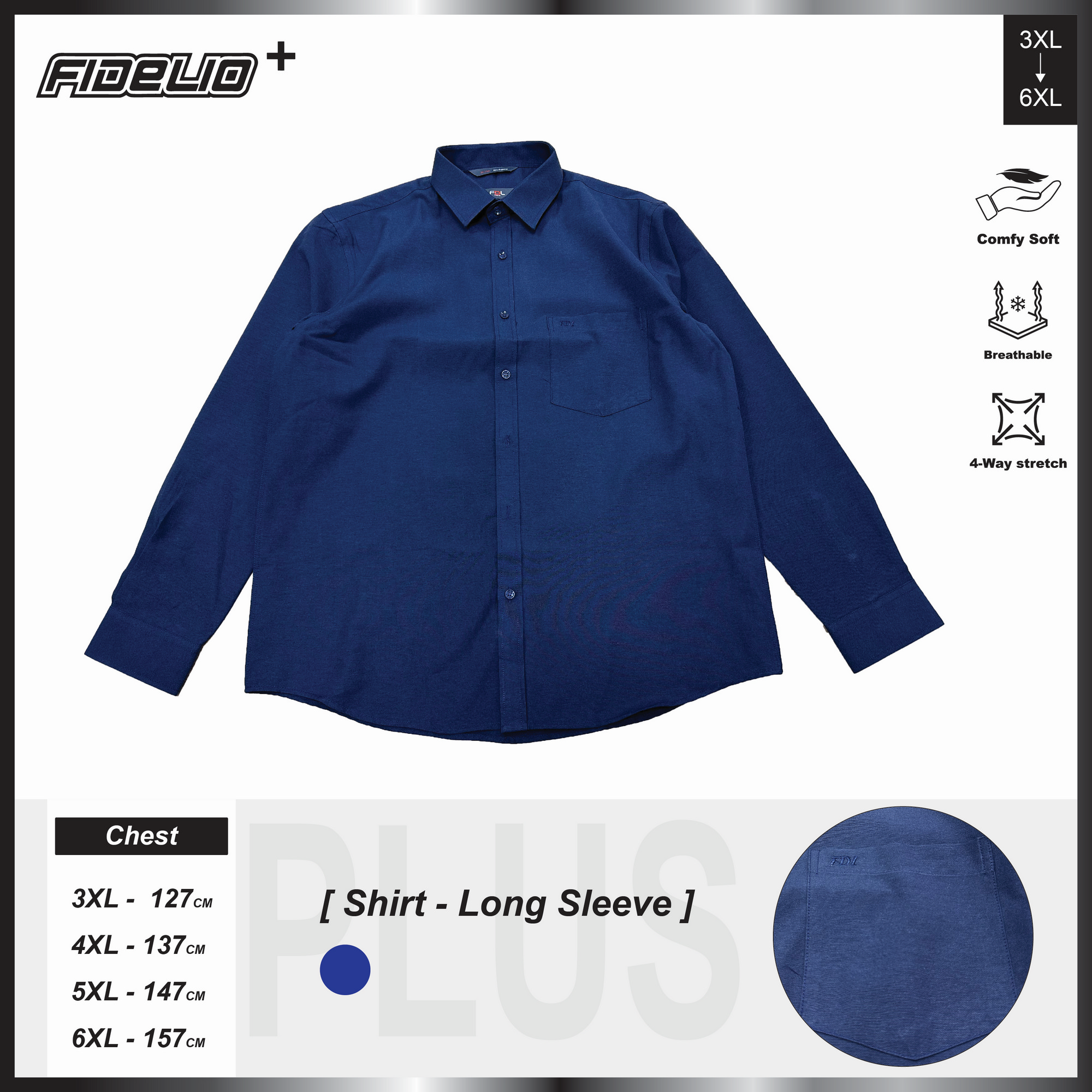 FDL Plus Size Oxford Long Sleeve Shirts -Navy