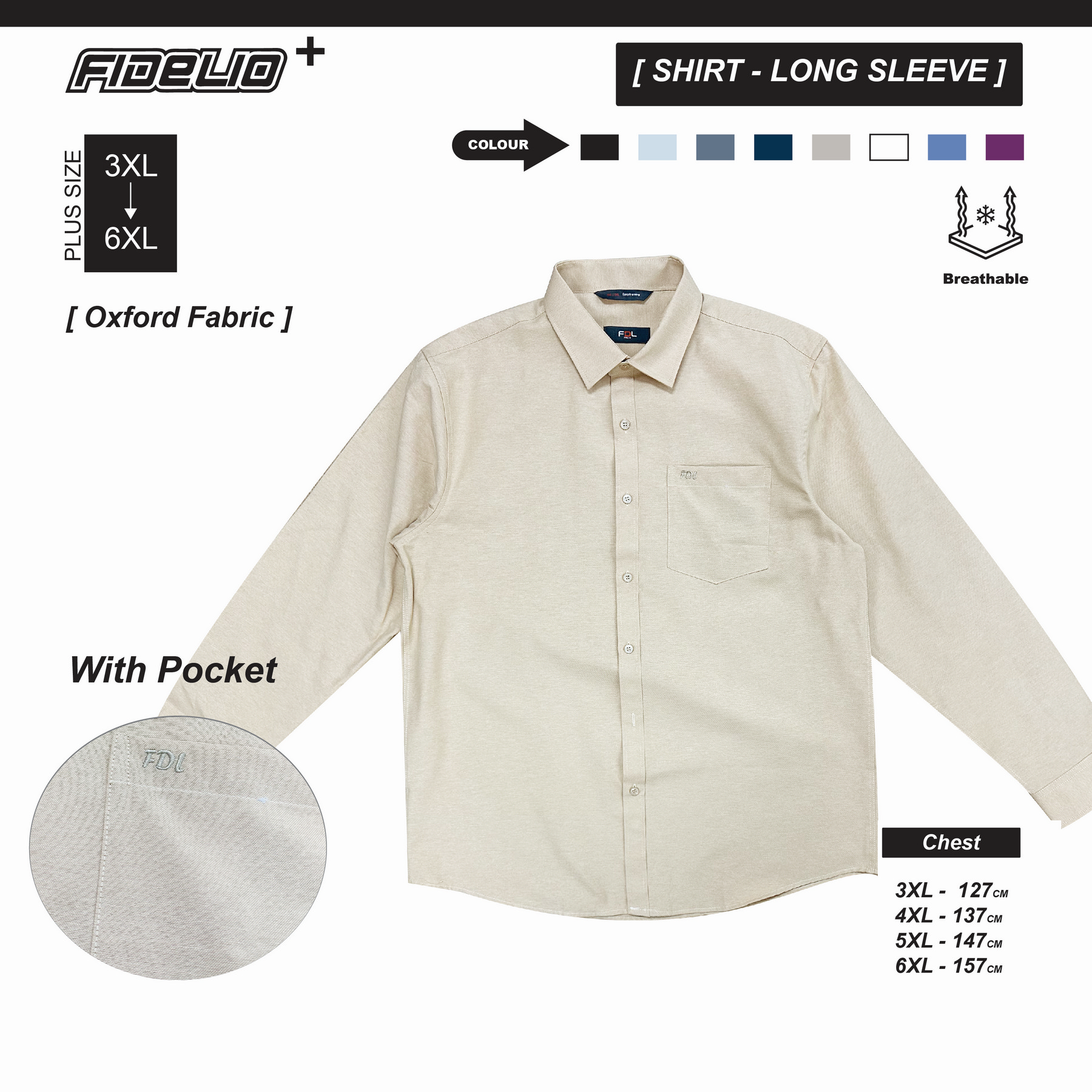 FDL Plus Size Oxford Long Sleece Shirts -Light Khaki