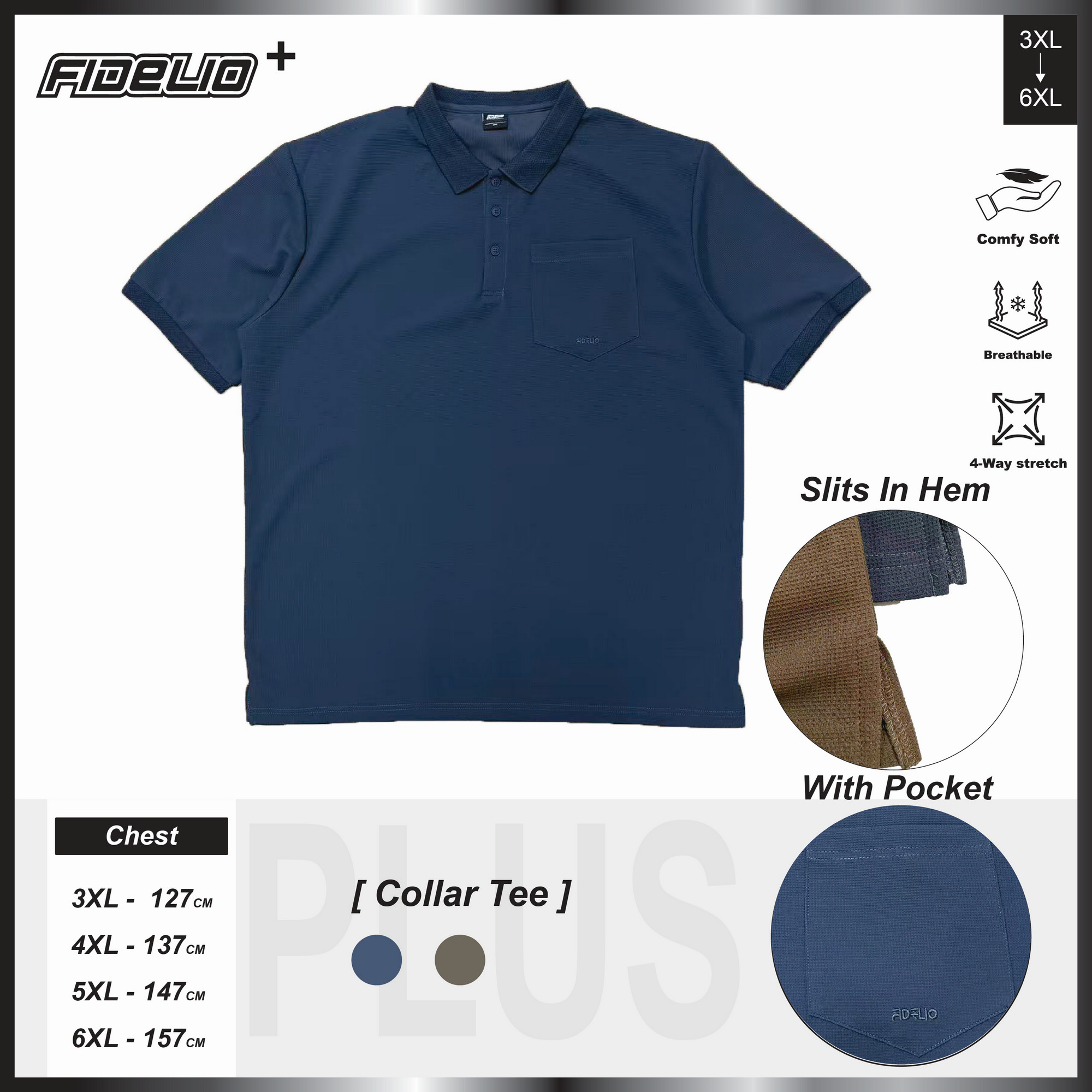 Fidelio Plus Size Dobby Polo Tees -Navy