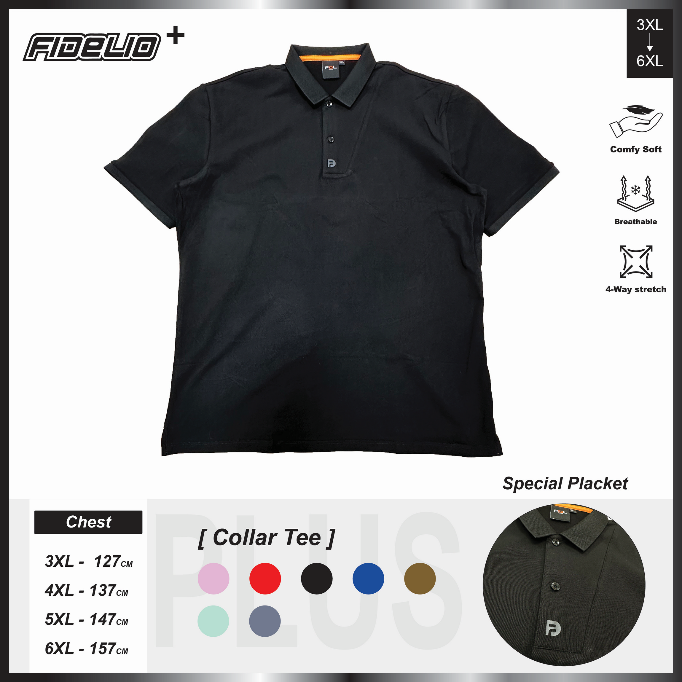 FDL Plus Size Special Placket Polo Tees -Black