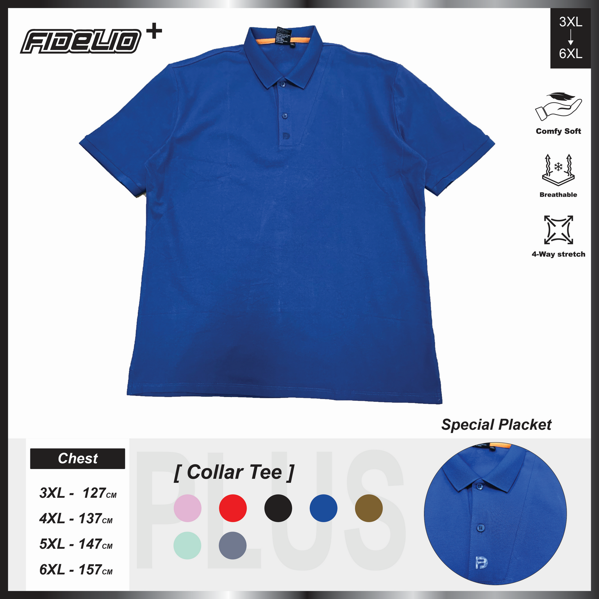 FDL Plus Size Special Placket Polo Tees -Blue