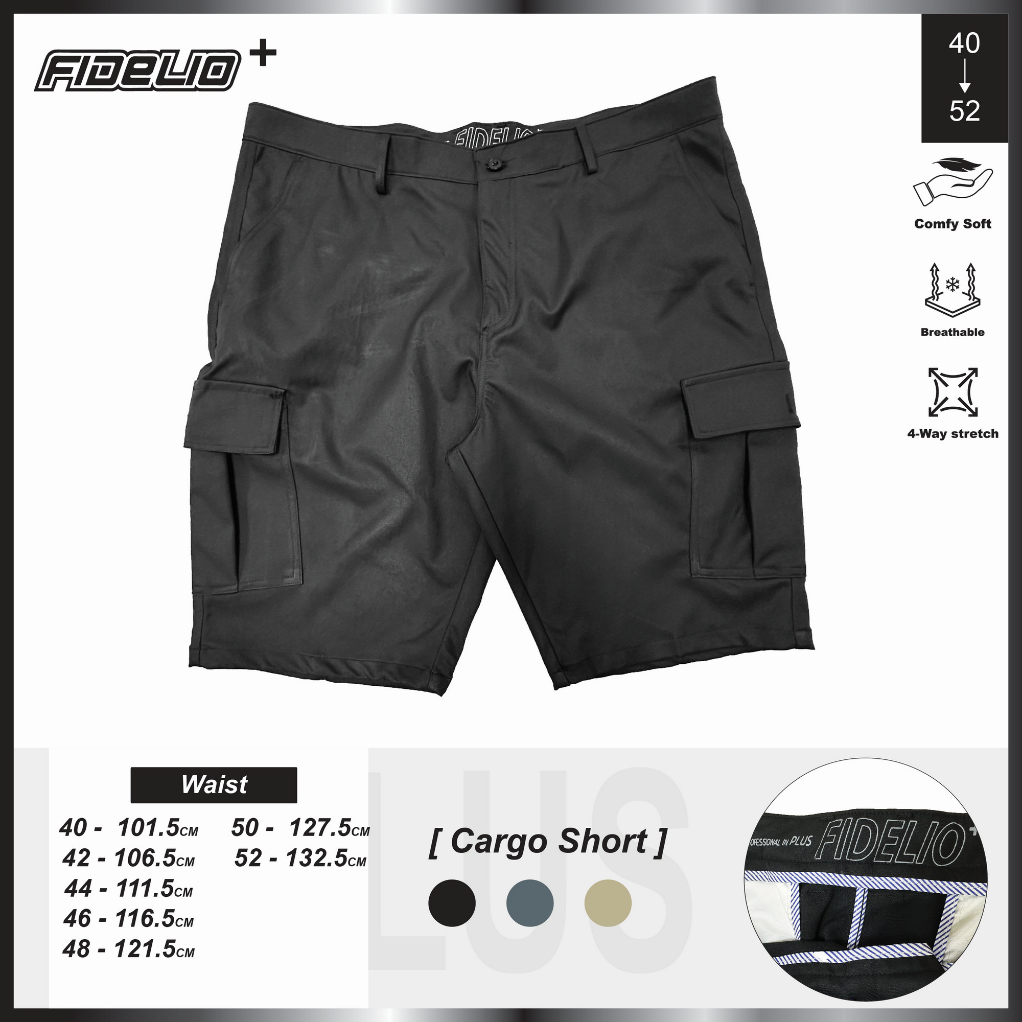 Fidelio Plus Size Utility Cargo Shorts -Black