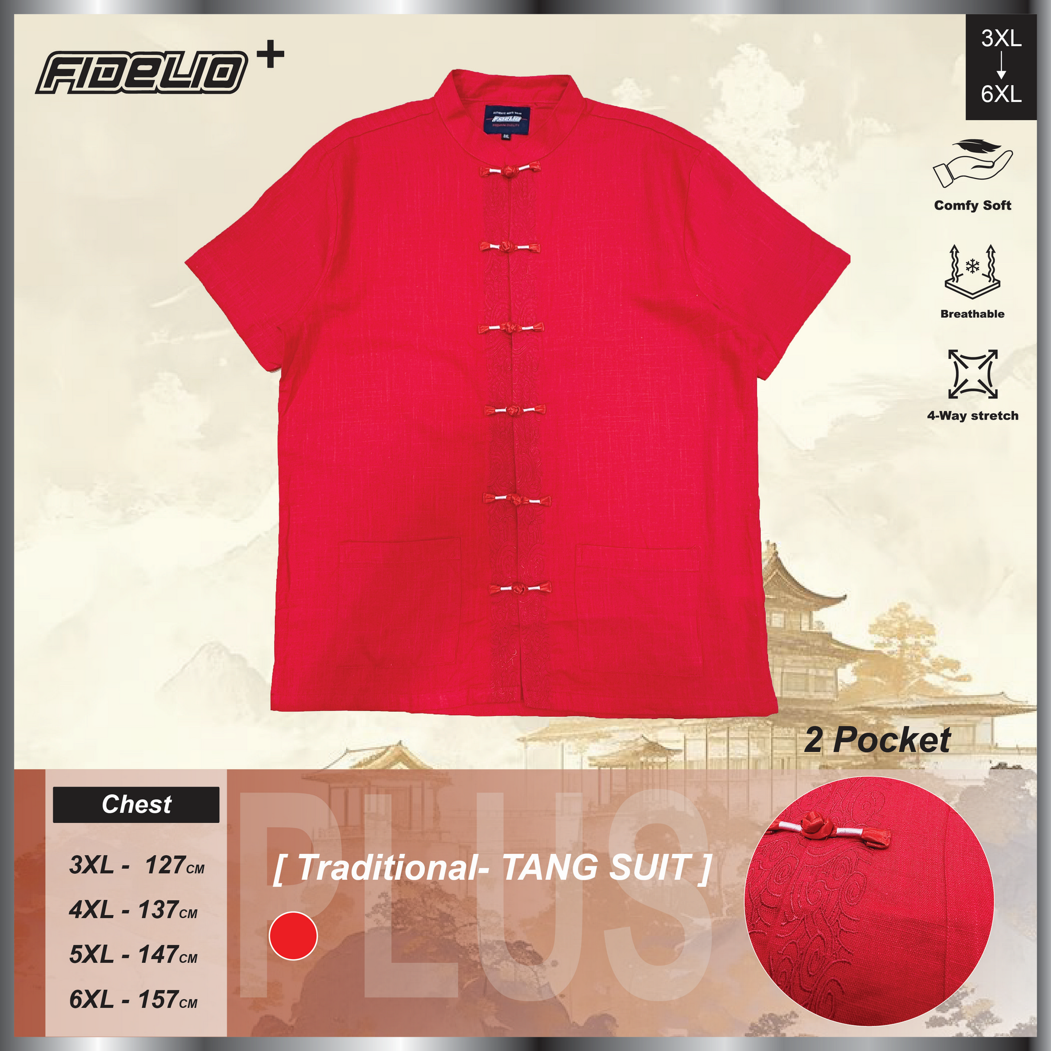 Fidelio Plus Size Prosperity Samfu Shirts -Red