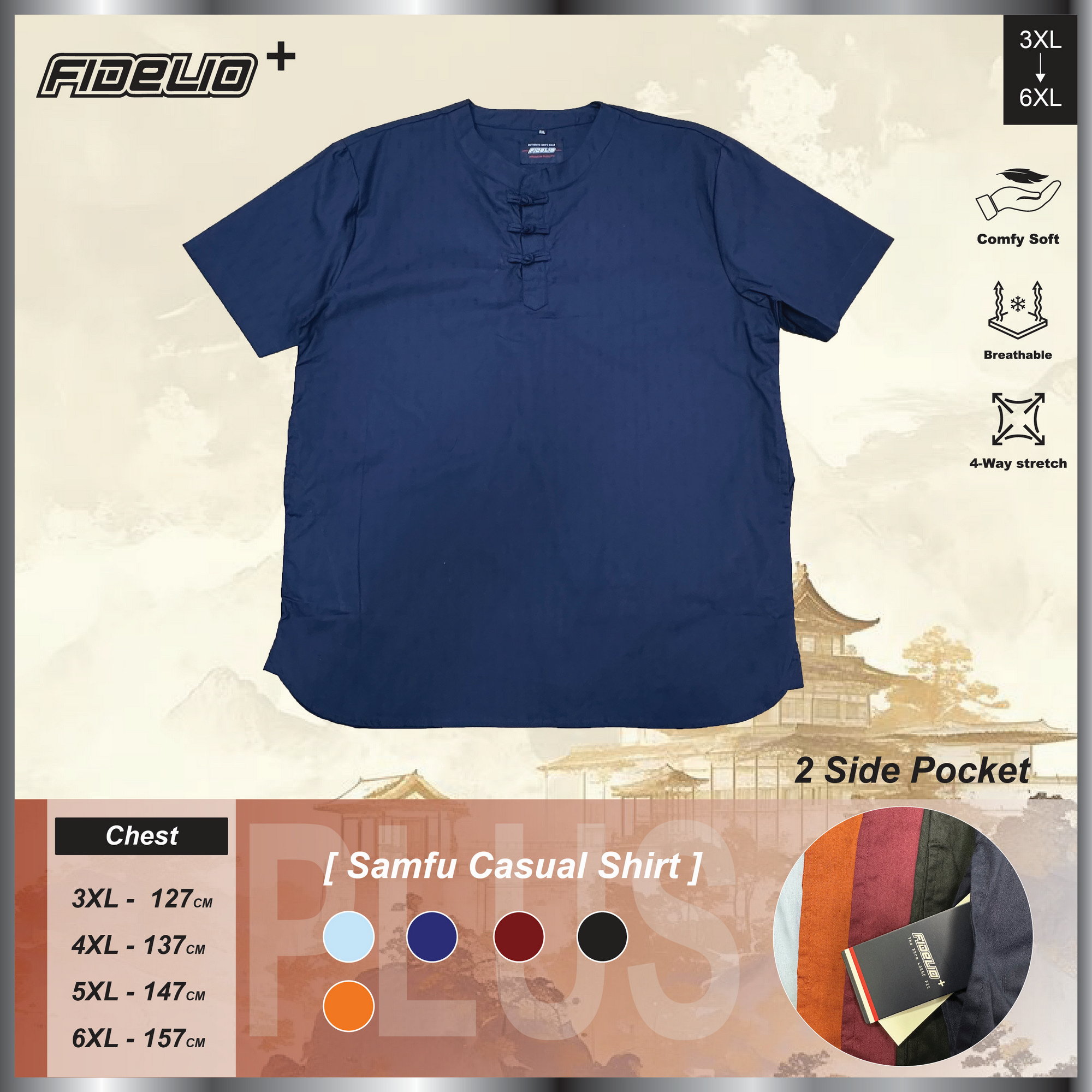 Fidelio Plus Size Knot Button Samfu -Navy 