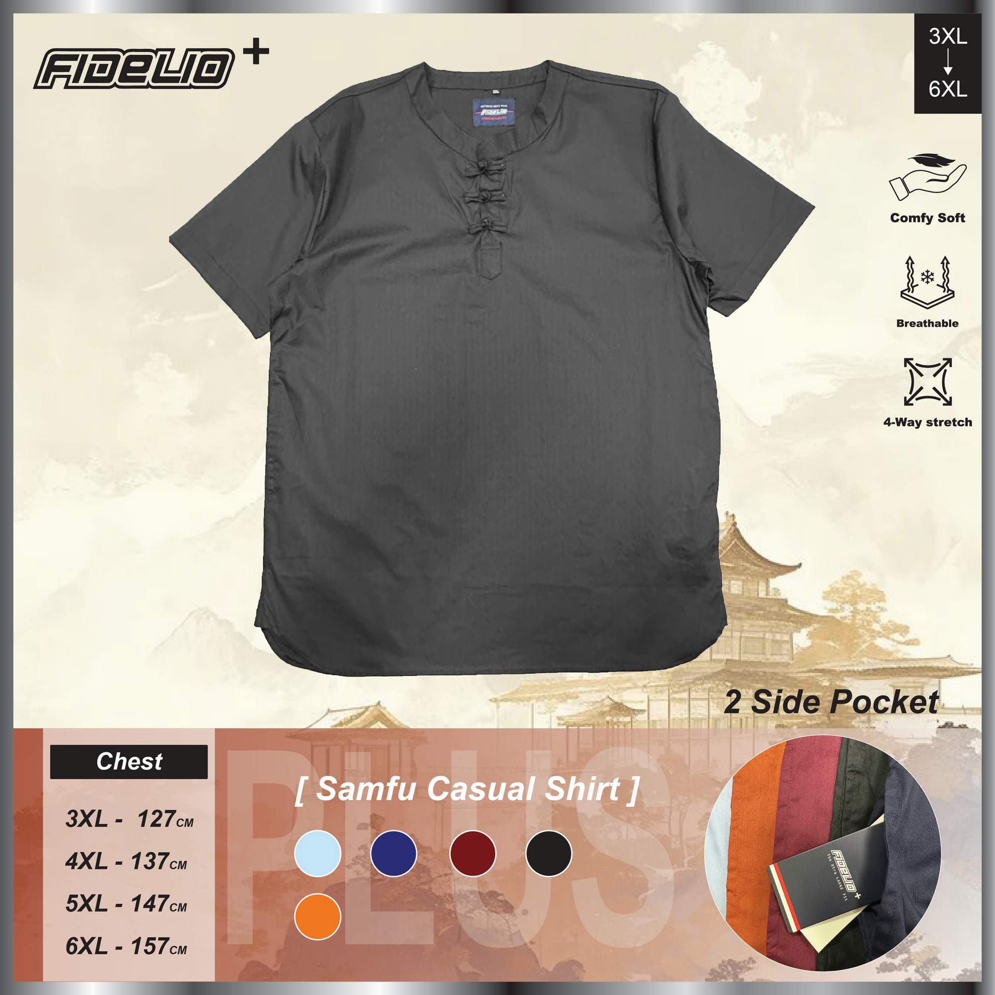 Fidelio Plus Size Knot Button Samfu -Black