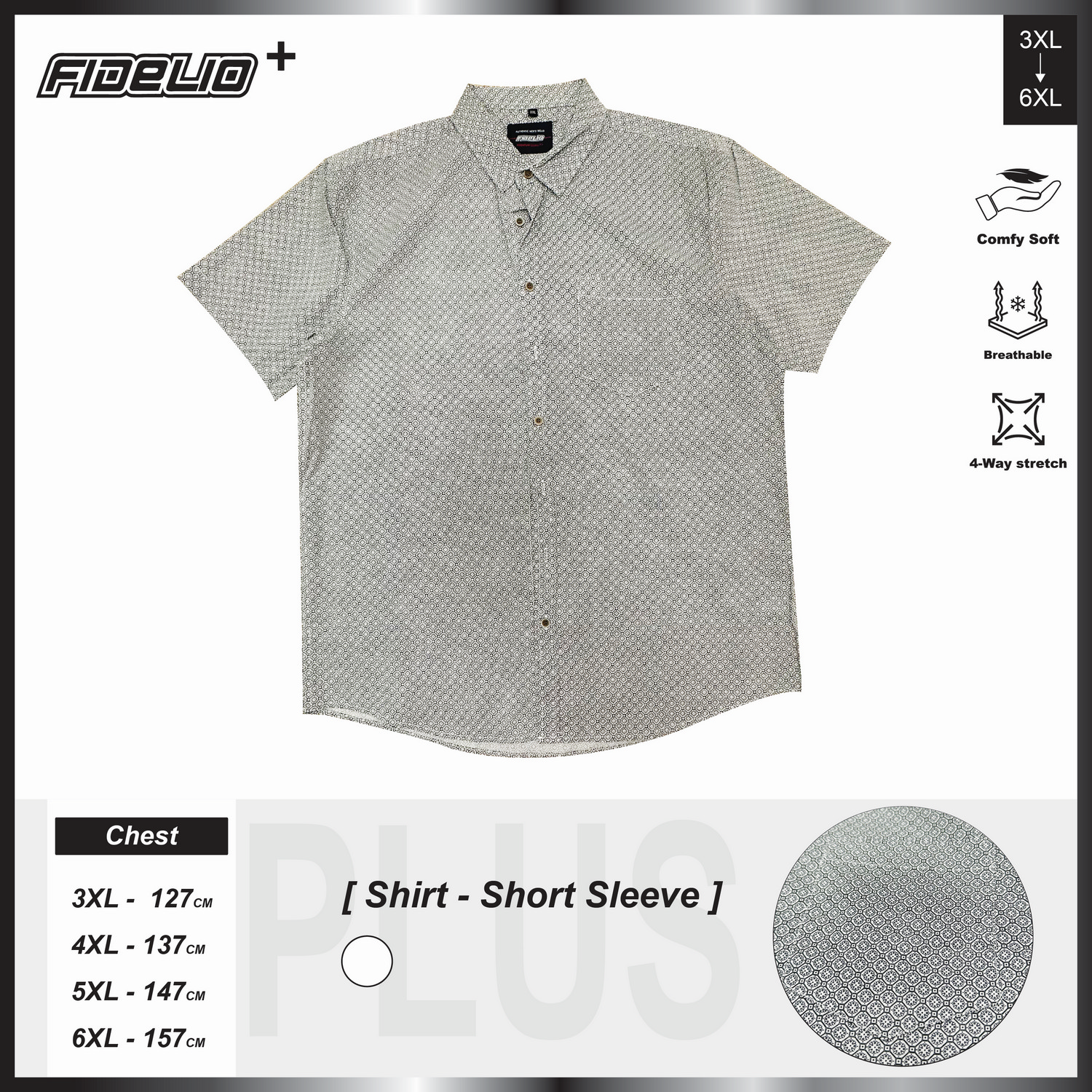 Fidelio Plus Size Microprinted Short Sleeve Shirts -White/Black