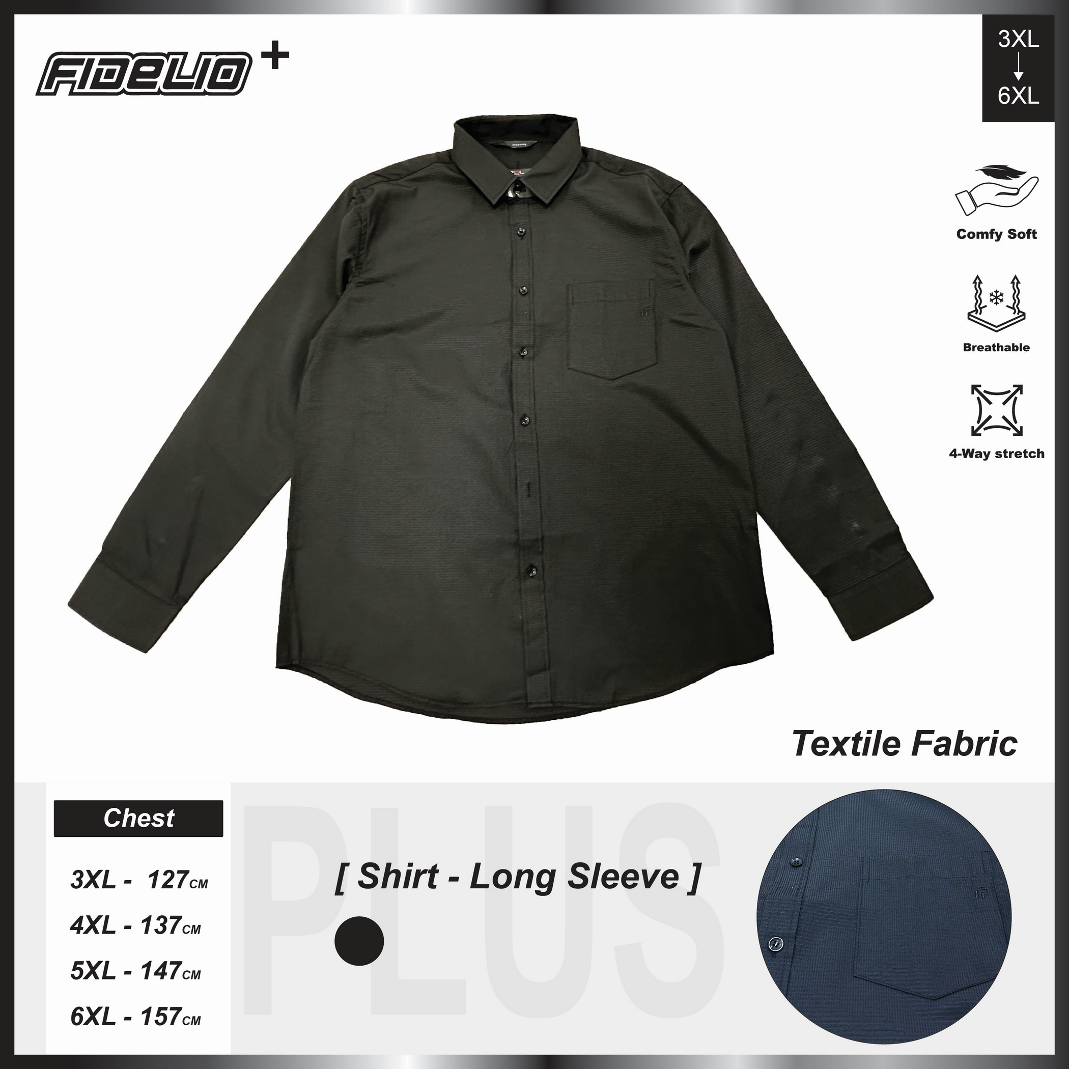 FDL Plus Size Textured Long Sleeve Shirts -Black