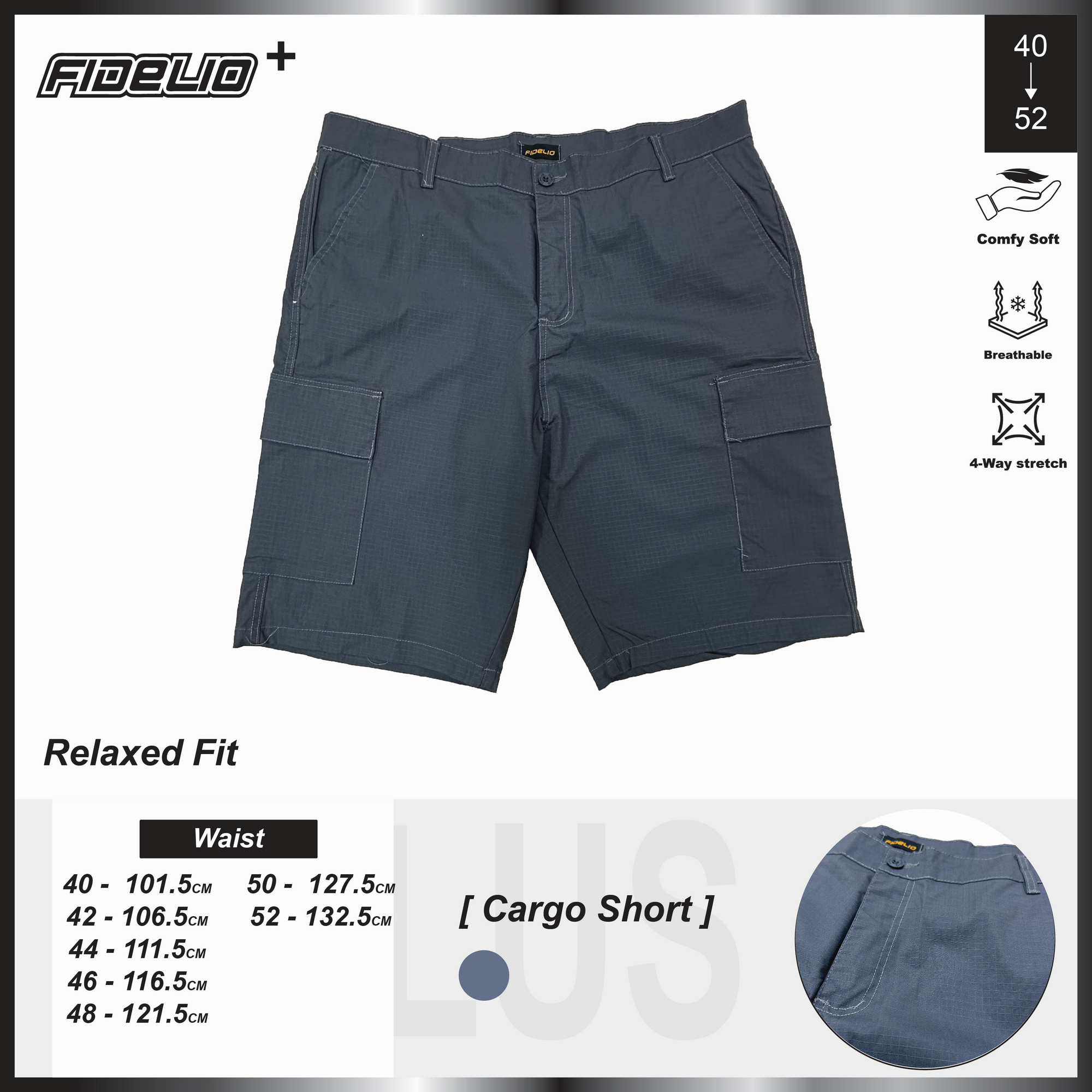 Fidelio Plus Size Relaxed Fit Cargo Shorts -Dark Grey