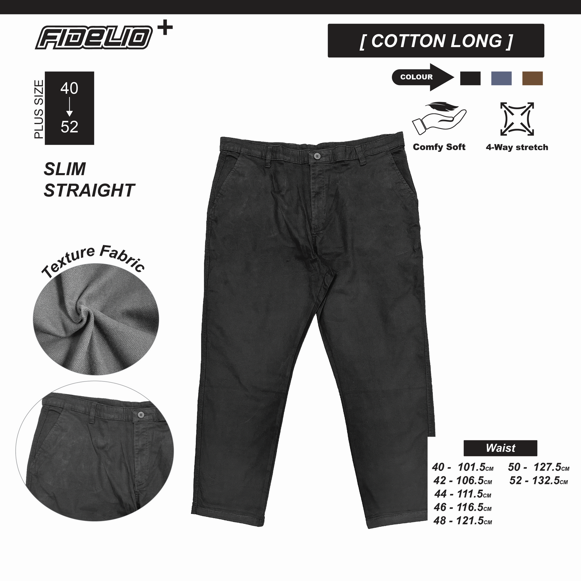 Fidelio Plus Size Stretchable Slim Straight Chinos - Black