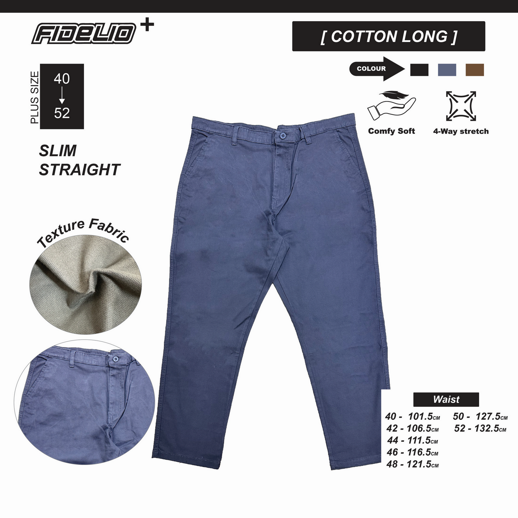 Fidelio Plus Size Stretchable Slim Straight Chinos - Grey