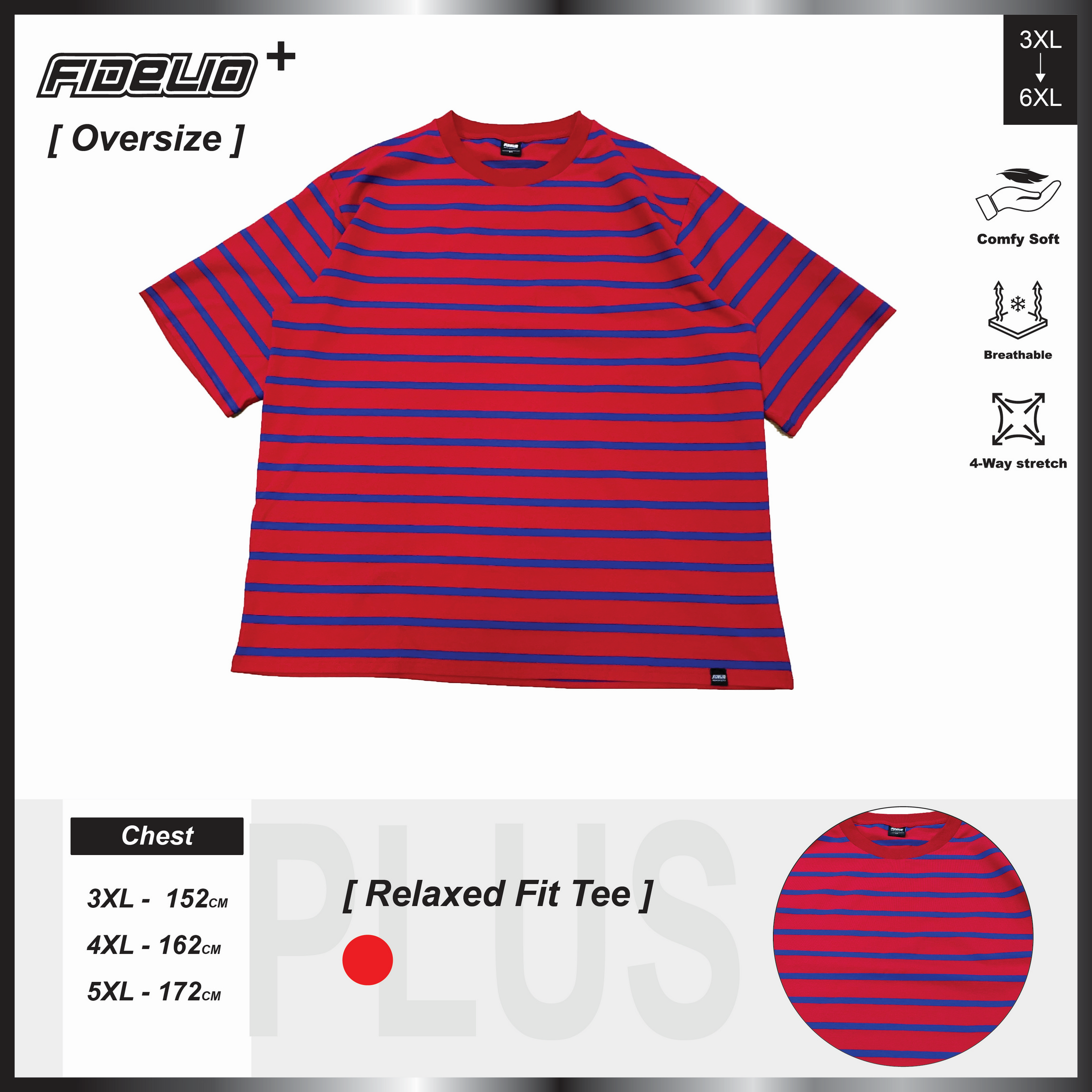 Fidelio Plus Size Relax Stripe Oversize Tees -Red/Blue
