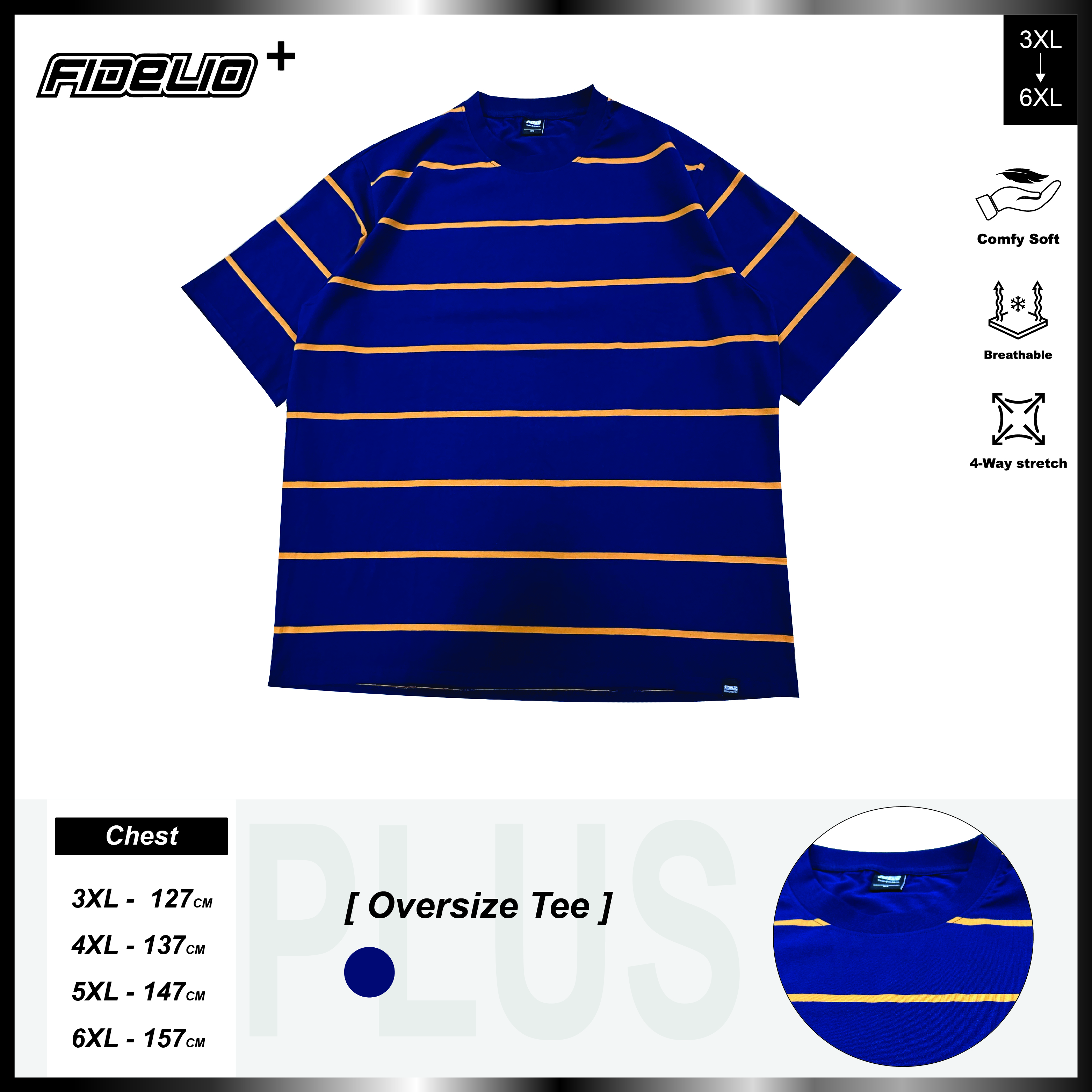 Fidelio Plus Size Relax Stripe Oversize Tees -Navy/Yellow