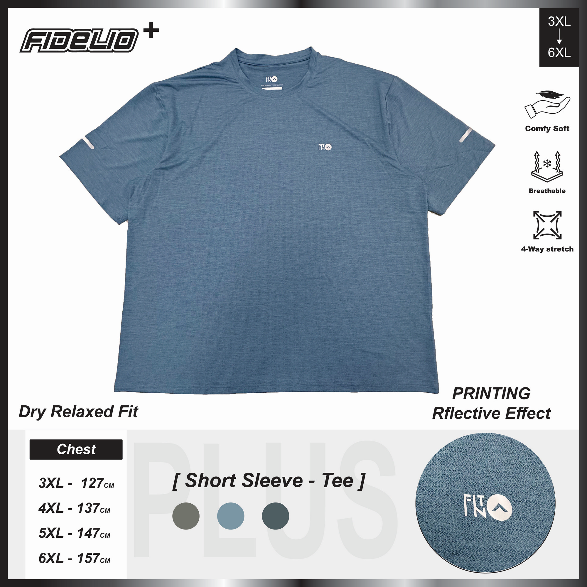 FIT IN Plus Size Reflective Logo Dry Fit Tees -Blue