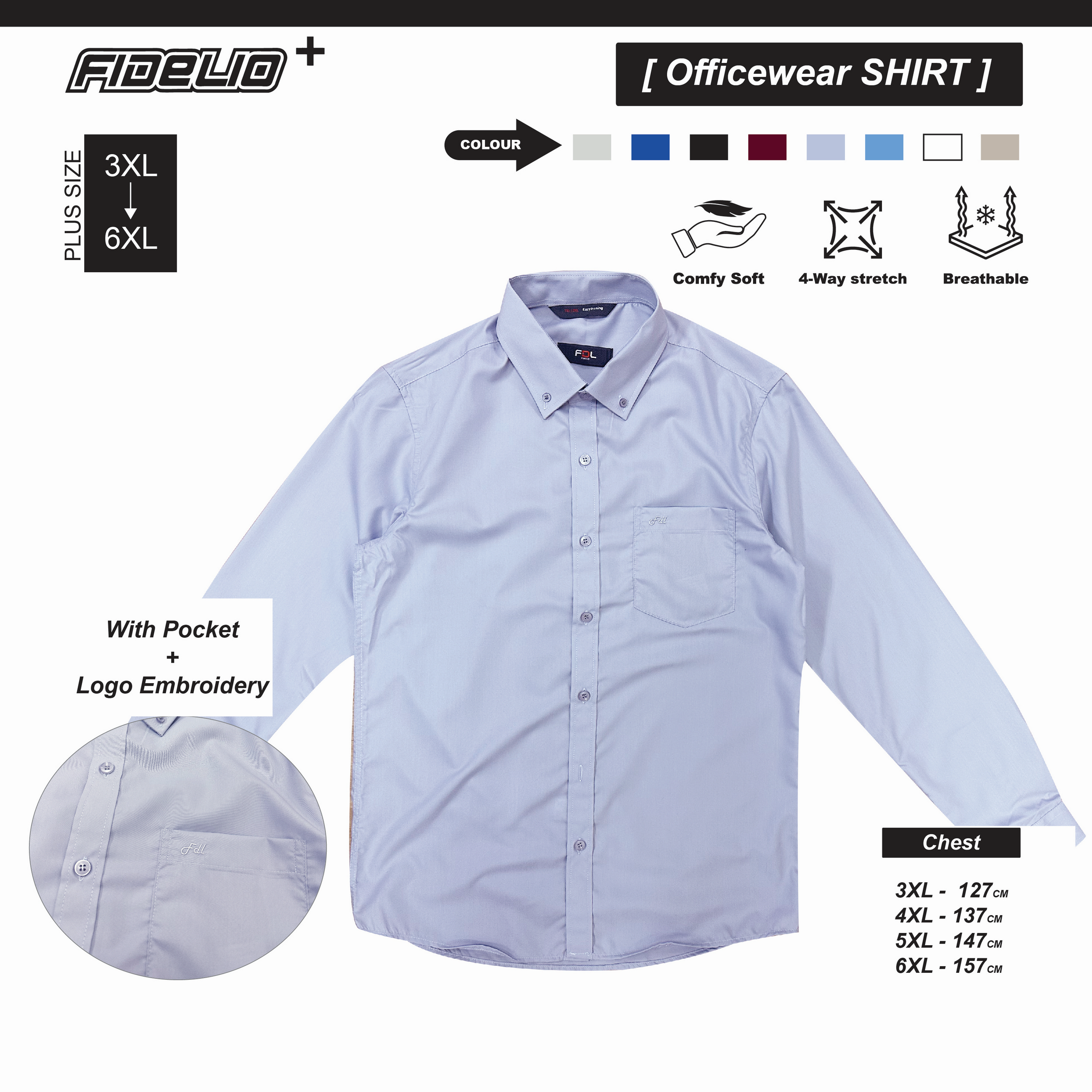 FDL Plus Size Premium Business Shirts - Blue Grey