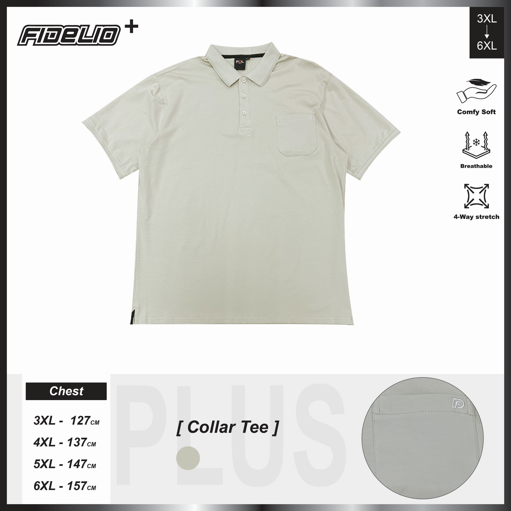 FDL Plus Size Signature Pocket Polo Tees- Light Khaki