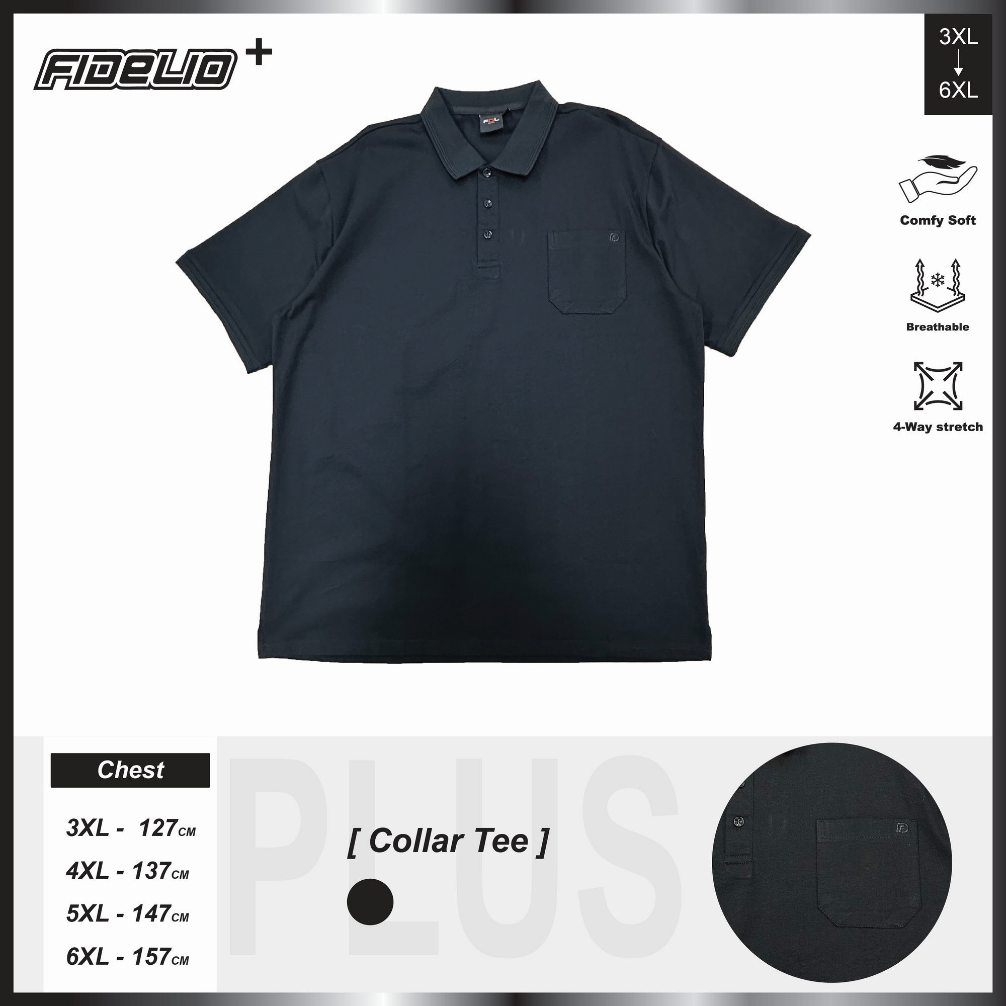 FDL Plus Size Signature Pocket Polo Tees -Black