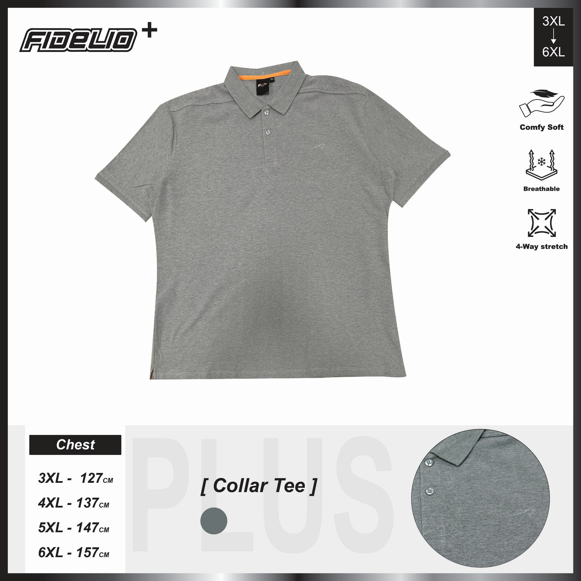 FDL Plus Size Horse Icon Premium Polo Tees -Grey