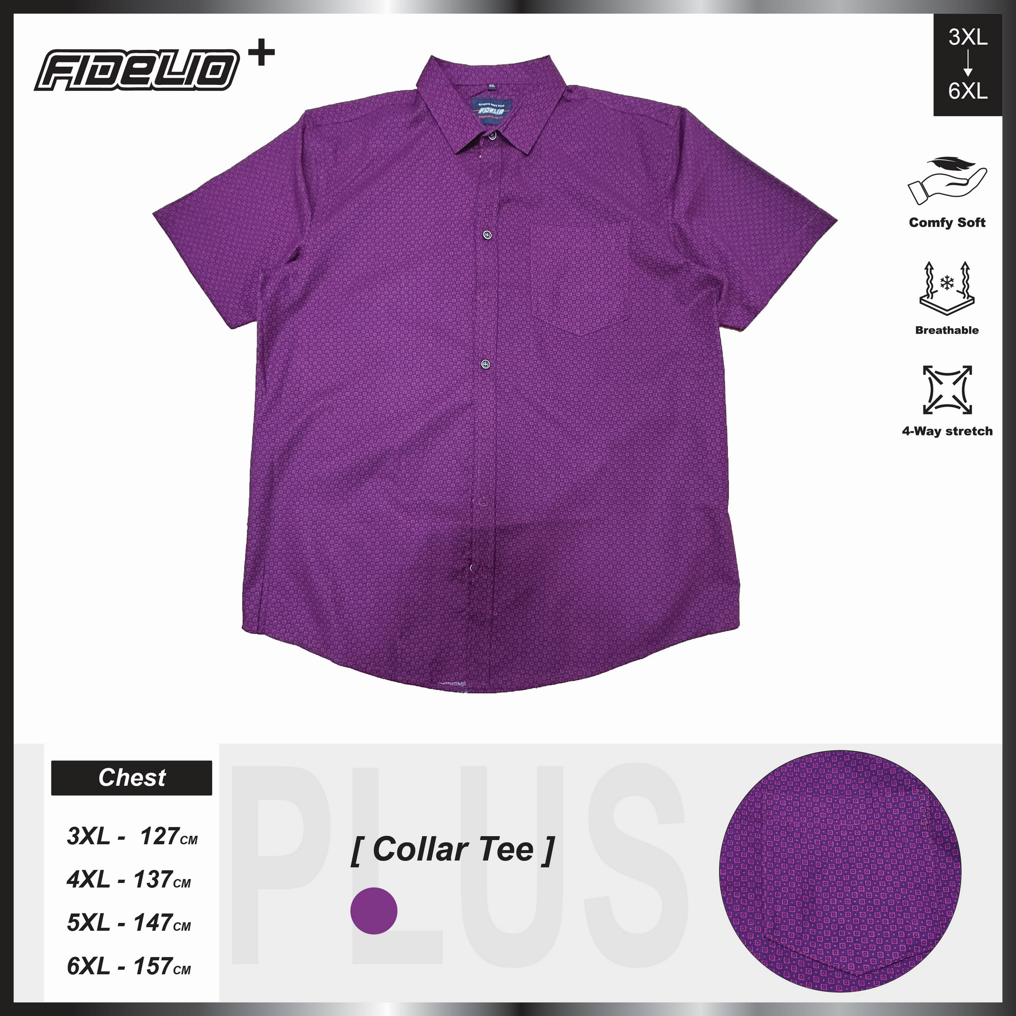 Fidelio Plus Size Microprint Short Sleeve Shirts -Maroon/Purple