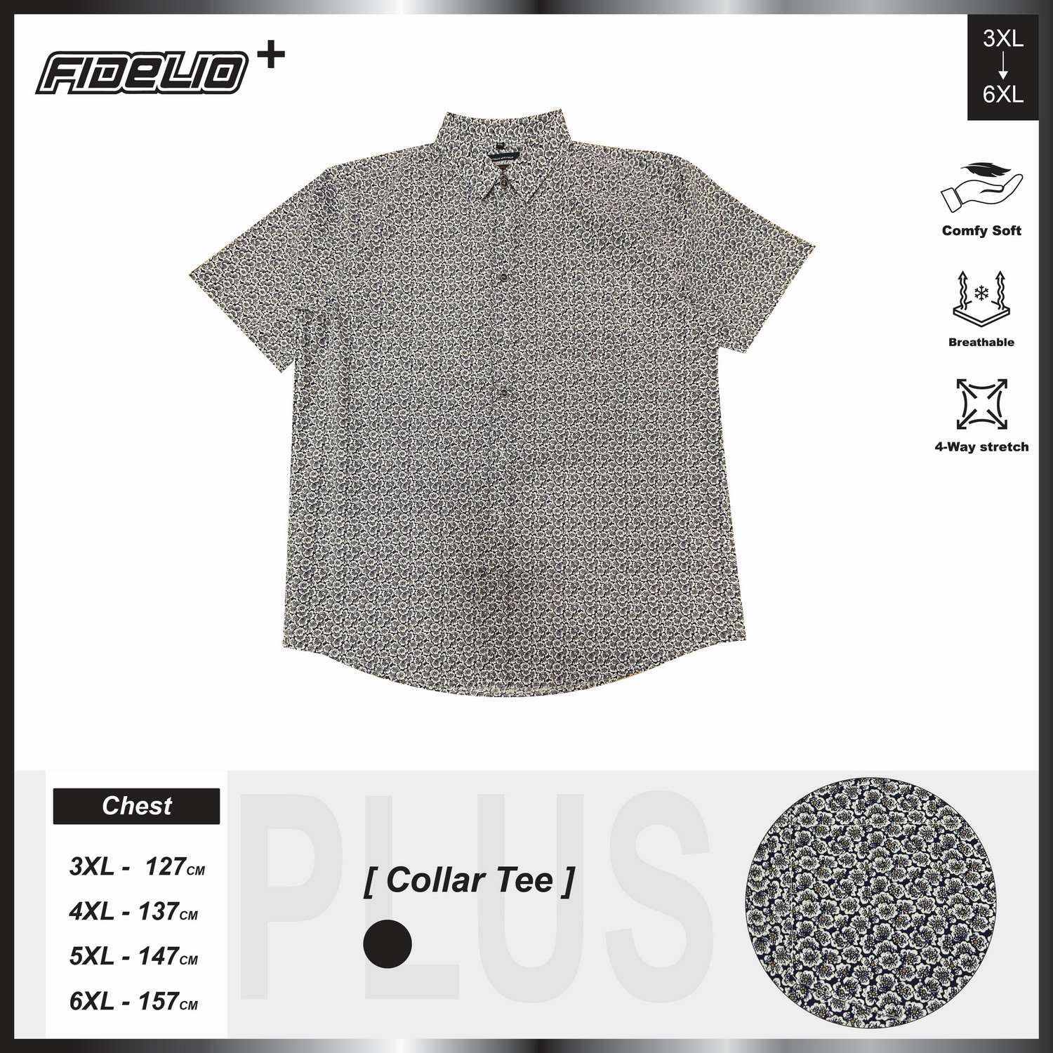 Fidelio Plus Size Microprint Short Sleeve Shirts -White/Navy