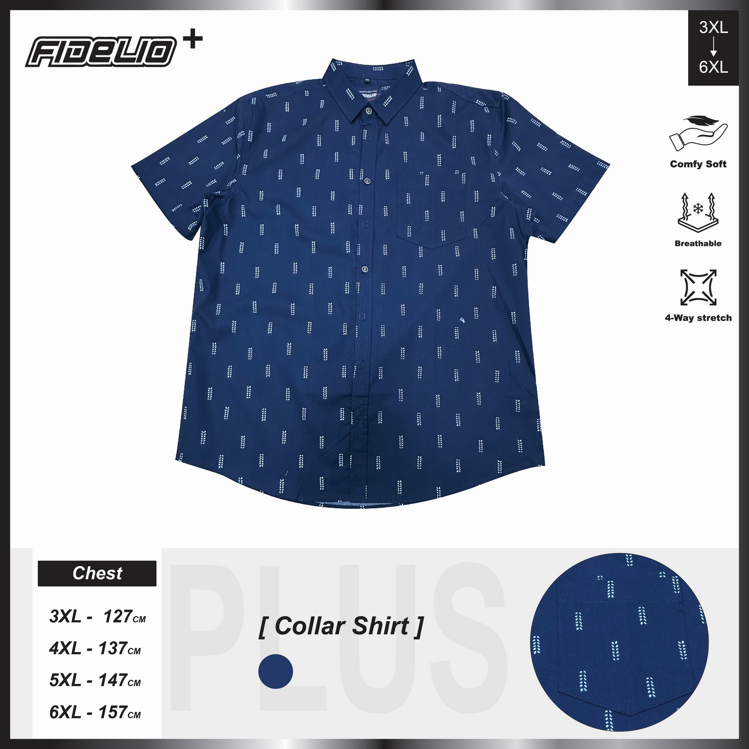 Fidelio Plus Size Microprint Short Sleeve Shirts -Navy/White