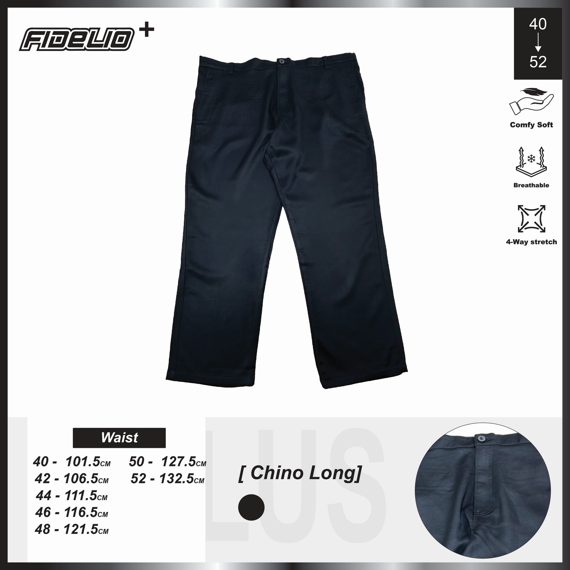 Fidelio Plus Size Classic Chino Long Pants -Black