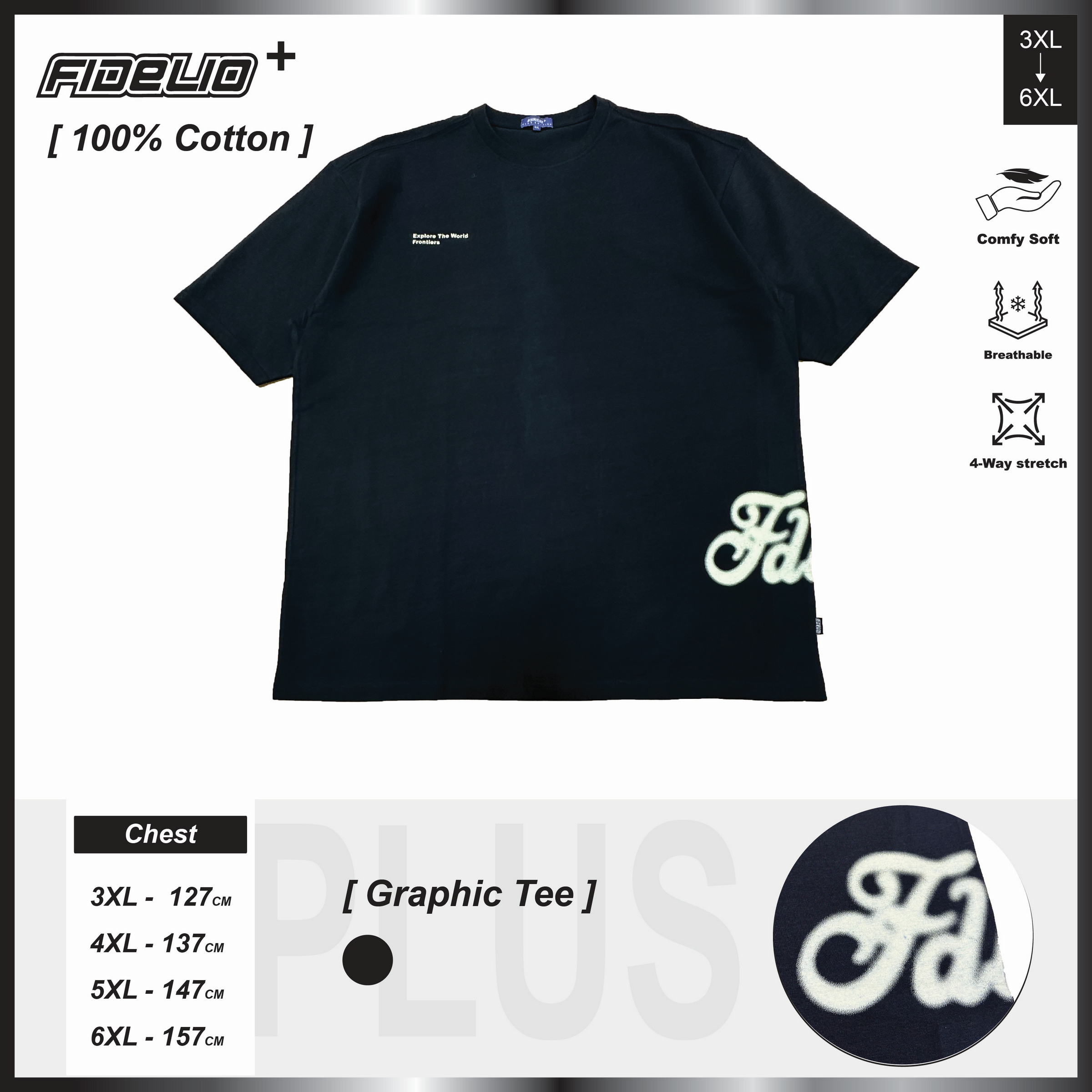 Fidelio Plus Size Explore The World Frontiers Printed Tees -Black