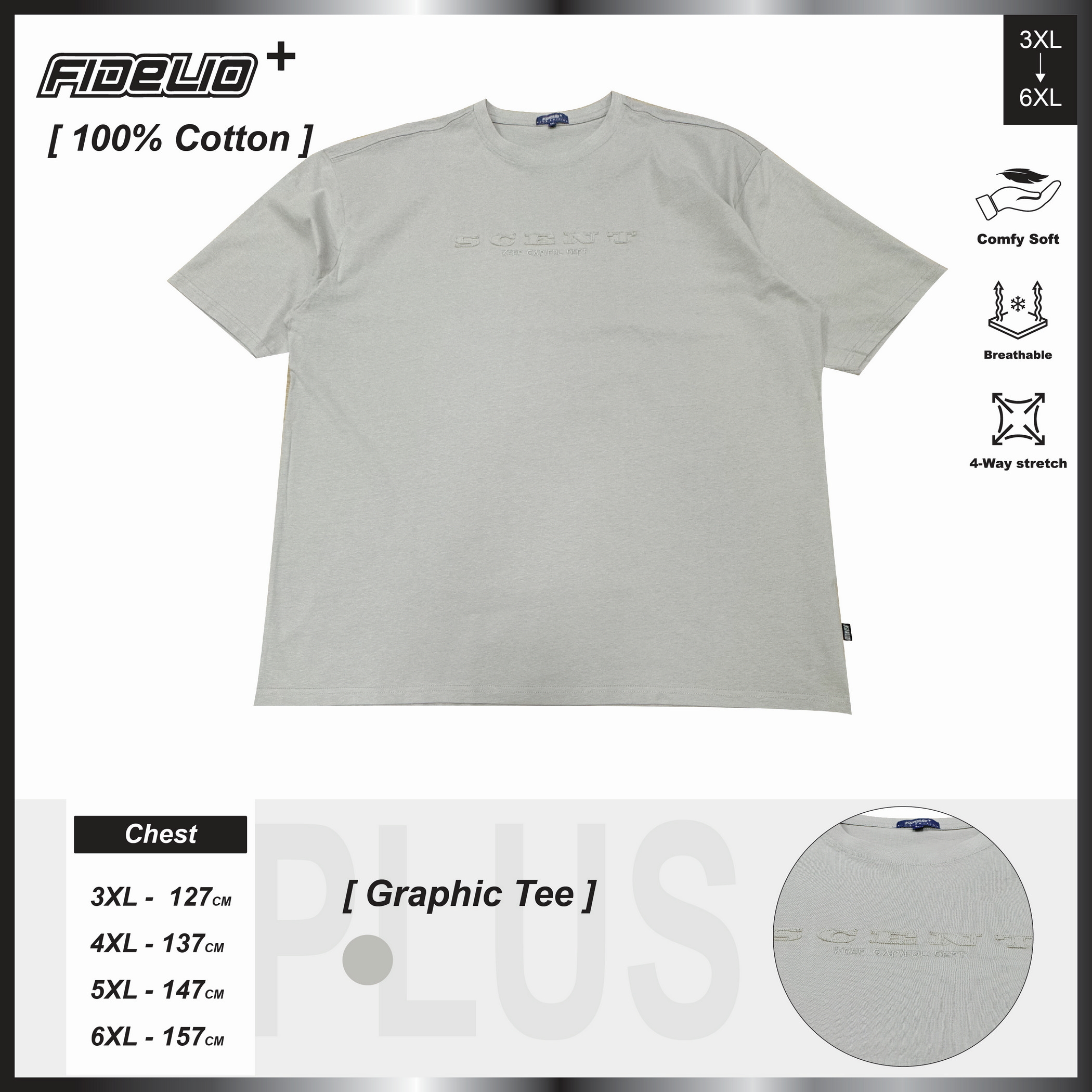 Fidelio Plus Size SCENT Embroidery Tees -Light Grey