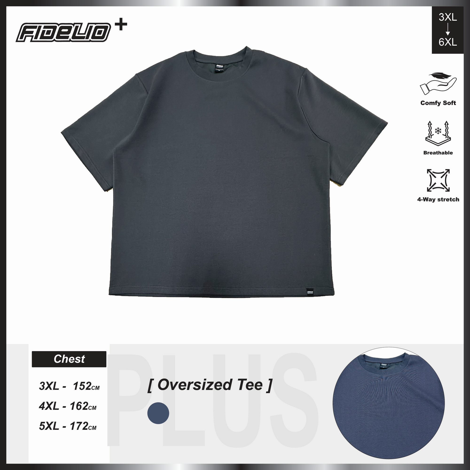 Fidelio Plus Size Premium Solid Oversize Tees -Dark Grey