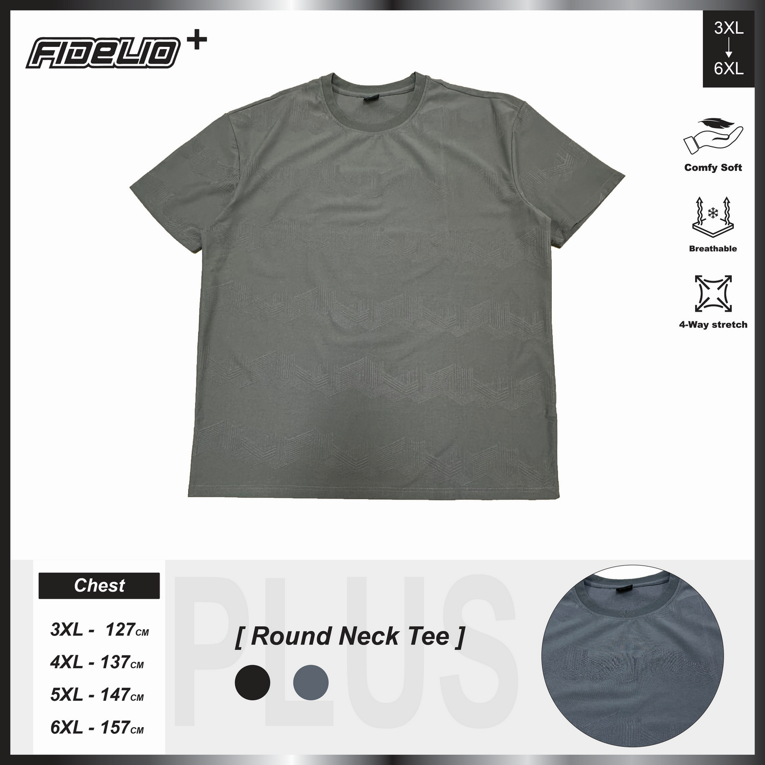 Fidelio Plus Size Geometric Dobby Knit Tees -Dark Grey