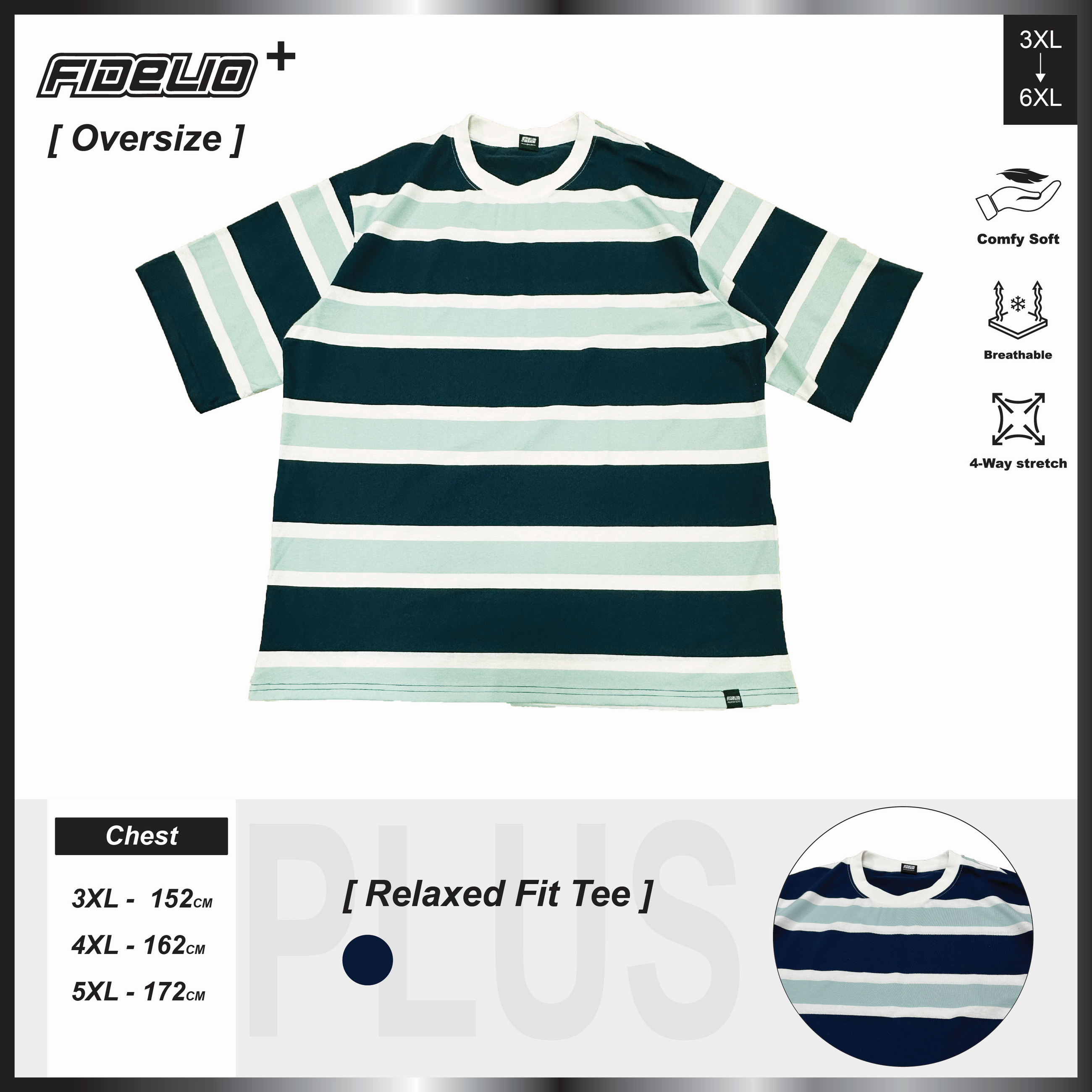 Fidelio Plus Size Contrast Stripe Oversize Tees -White/Navy/Light Blue