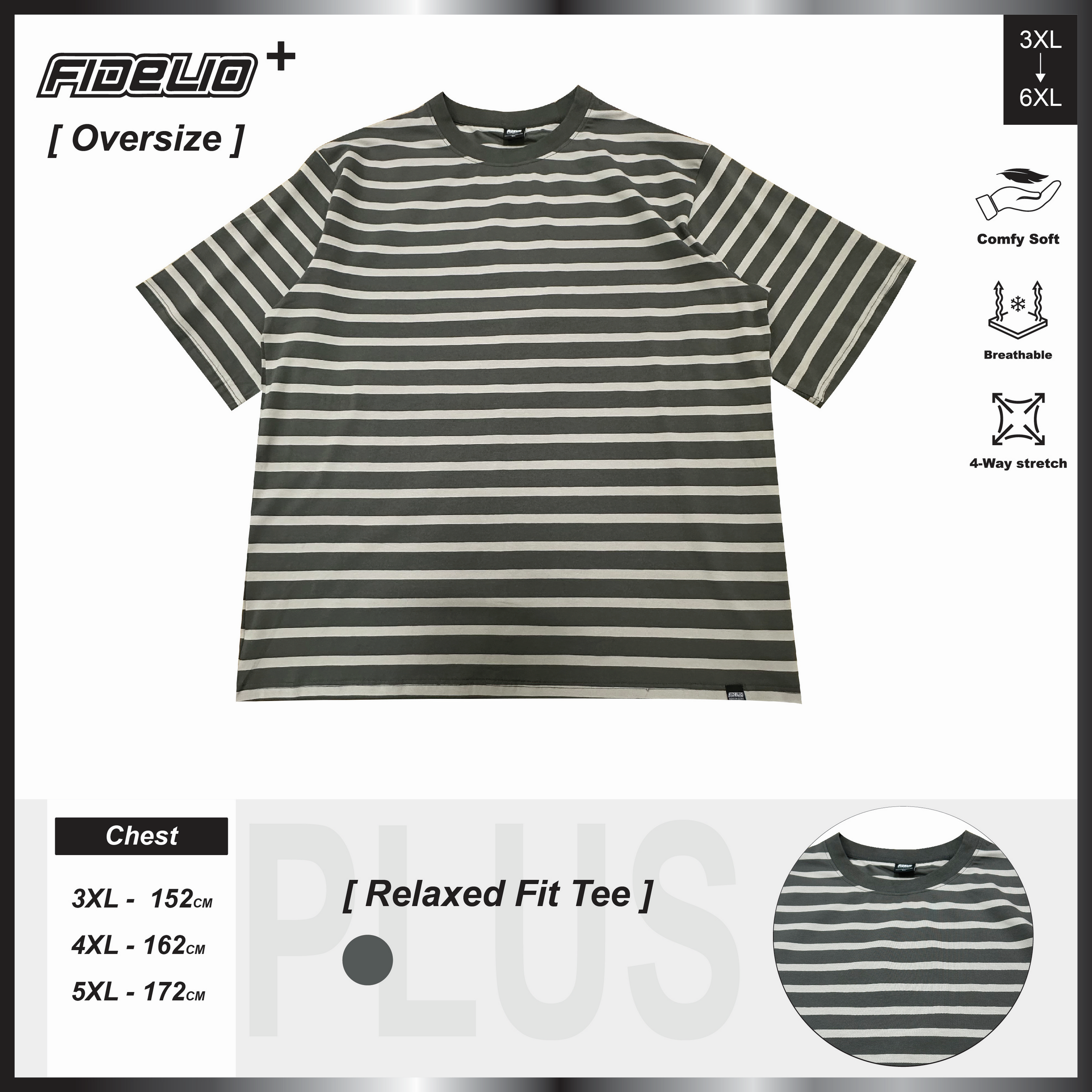 Fidelio Plus Size Contrast Stripe Oversize Tees -Grey/Light Khaki