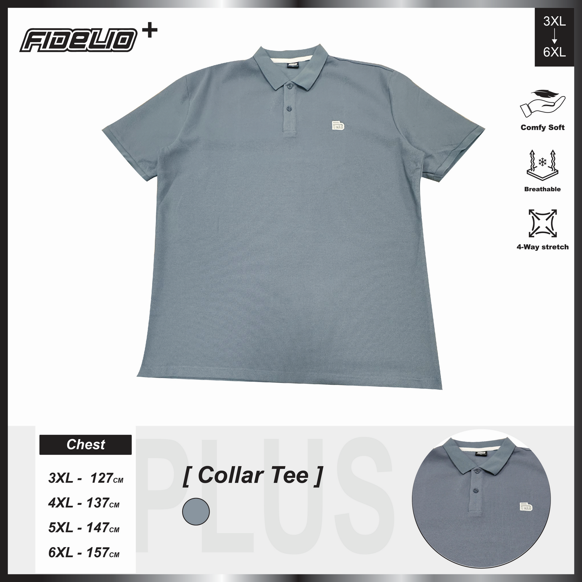 Fidelio Plus Size Premium Embroidery Polo Tees -Dusty Blue