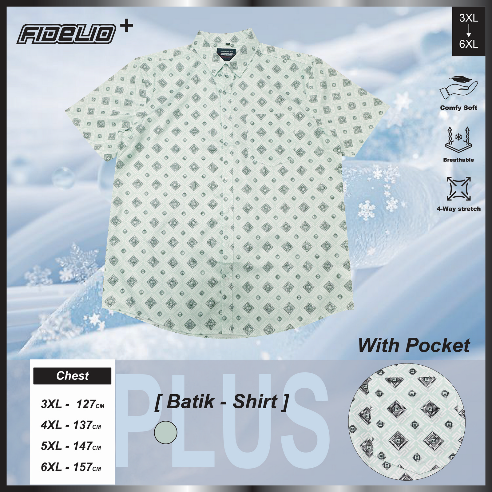 Fidelio Plus Size Cooling Scroll Print Short Sleeve Shirts -Light Green/Grey/White