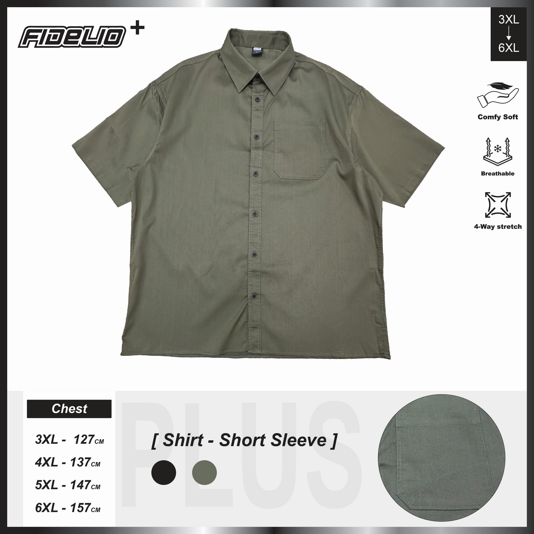 Fidelio Plus Size Comfort Denim Washed Short Sleeve Shirts -Army Green